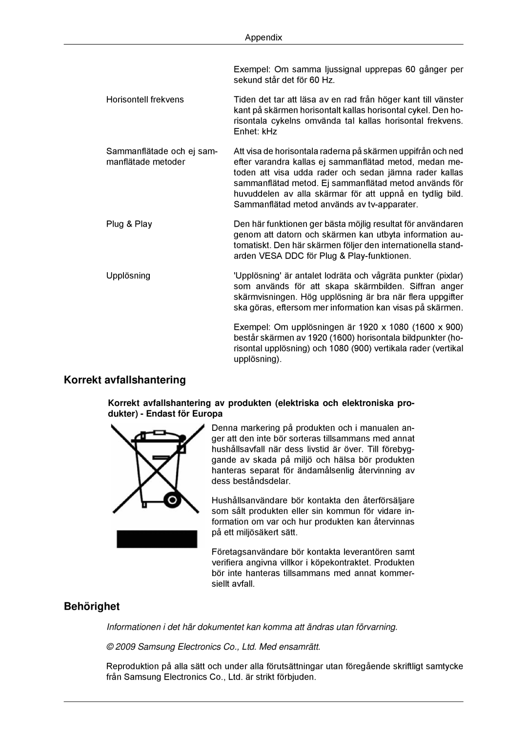 Samsung LS22EFHKFV/EN, LS23EFHKFV/EN manual Korrekt avfallshantering, Behörighet 