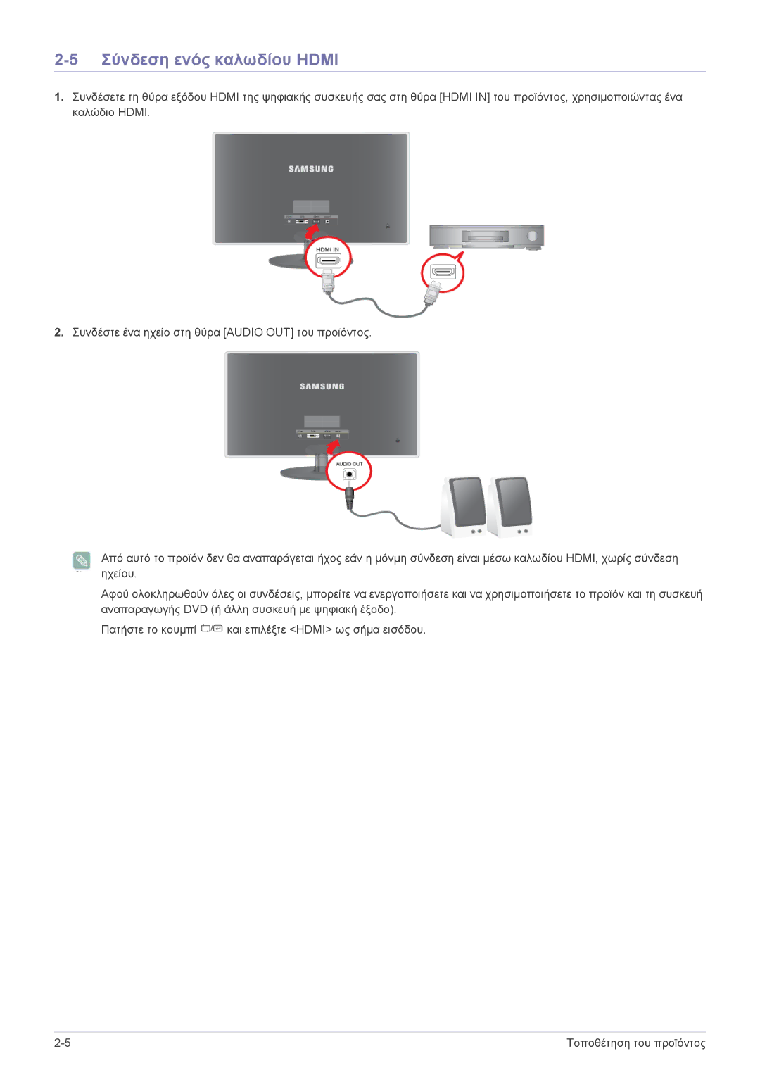 Samsung LS22EFVKUU/EN manual Σύνδεση ενός καλωδίου Hdmi 