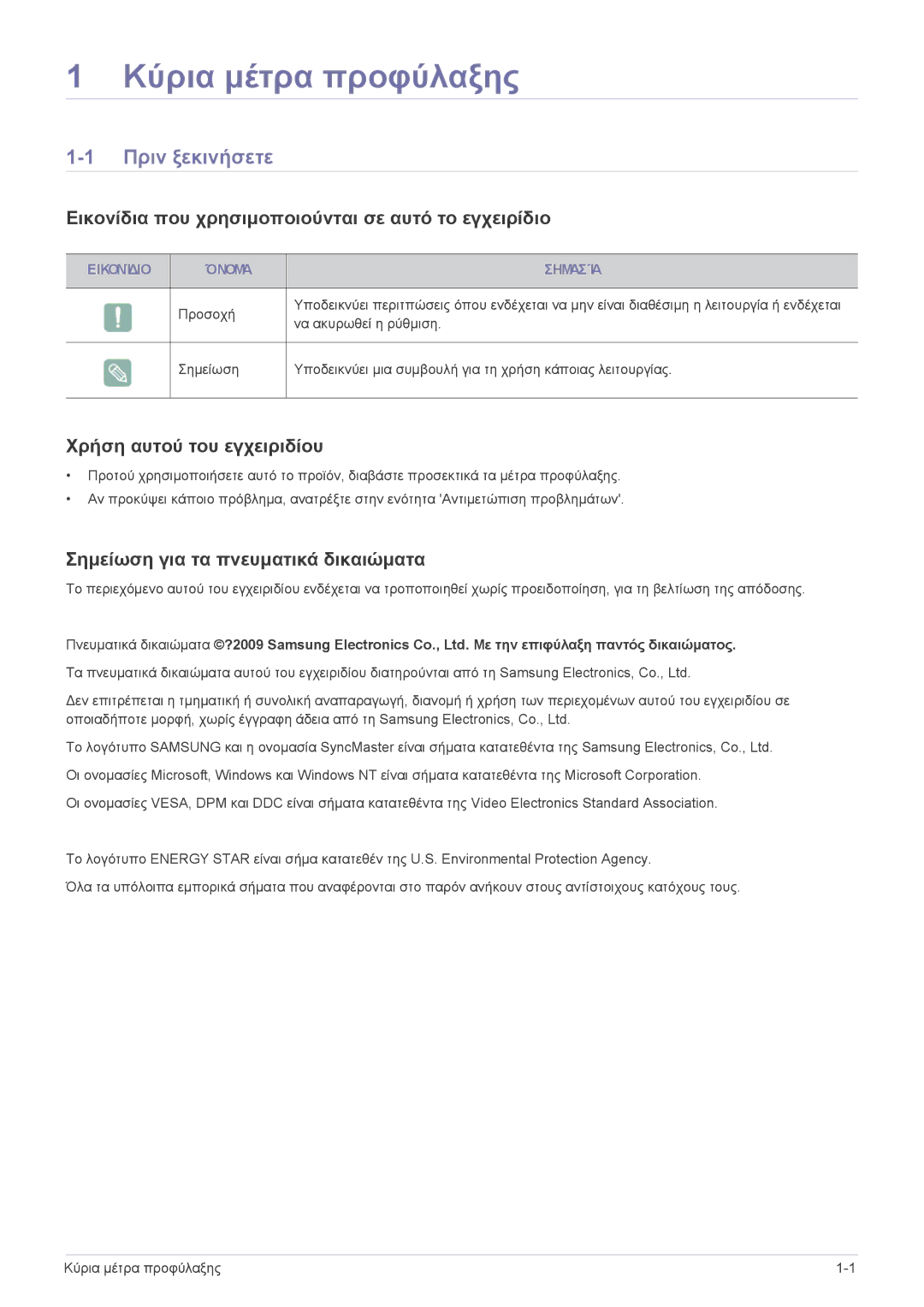 Samsung LS22EFVKUU/EN manual Κύρια μέτρα προφύλαξης, Πριν ξεκινήσετε, Εικονίδια που χρησιμοποιούνται σε αυτό το εγχειρίδιο 