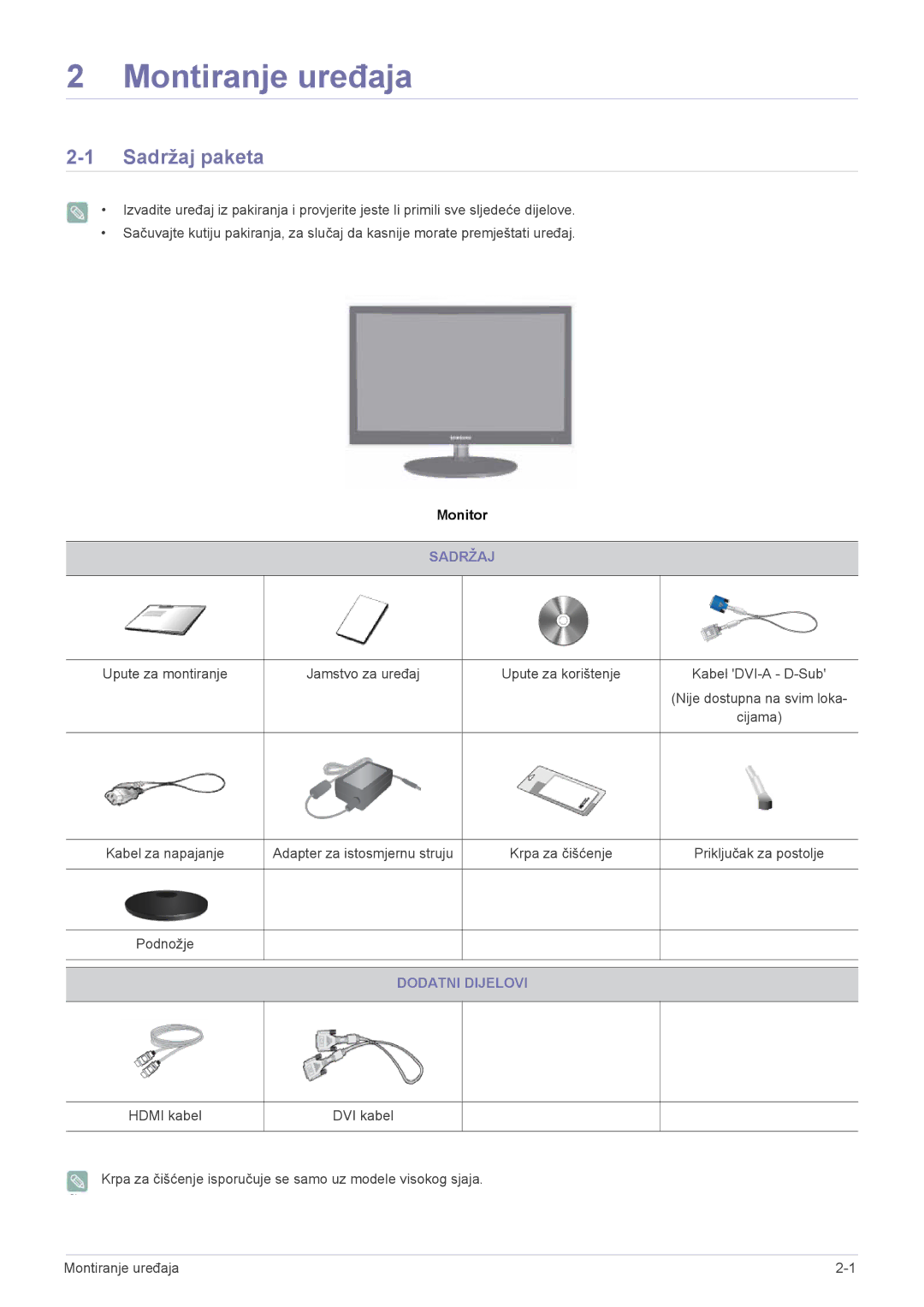 Samsung LS22EFVKUU/EN manual Montiranje uređaja, Sadržaj paketa, Dodatni Dijelovi 