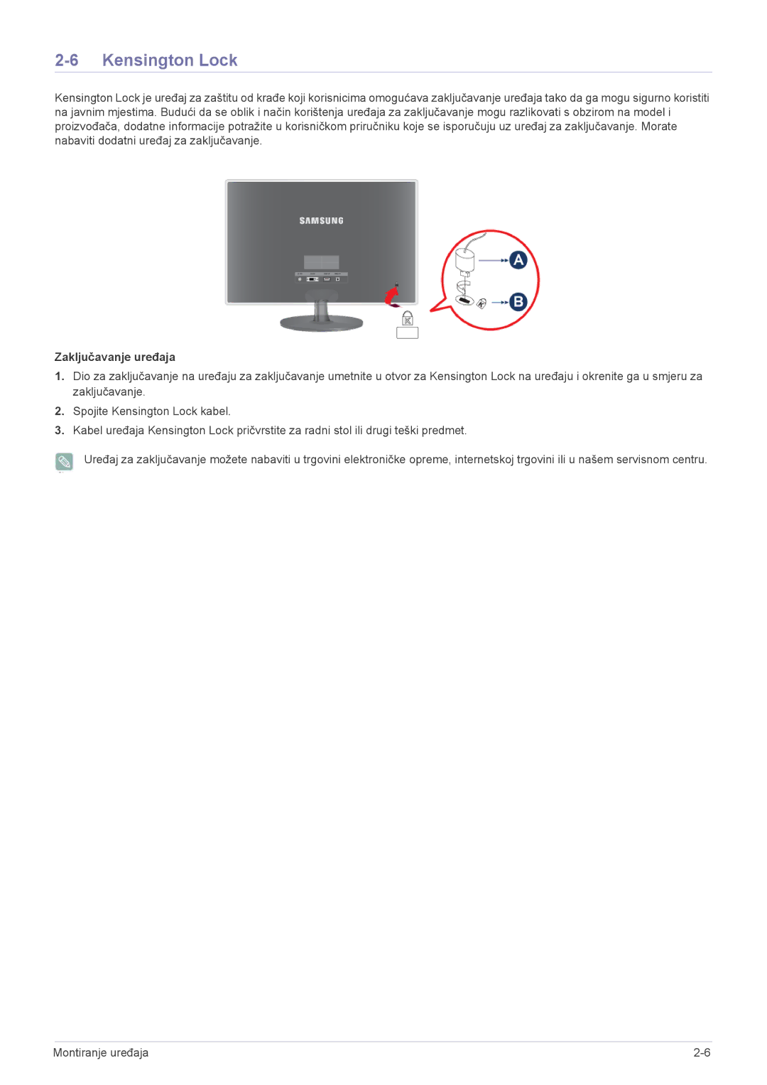 Samsung LS22EFVKUU/EN manual Kensington Lock, Zaključavanje uređaja 