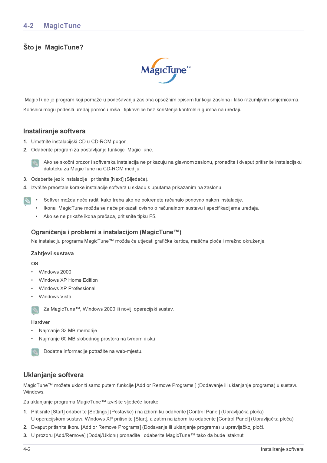 Samsung LS22EFVKUU/EN manual Što je MagicTune?, Instaliranje softvera, Uklanjanje softvera, Hardver 