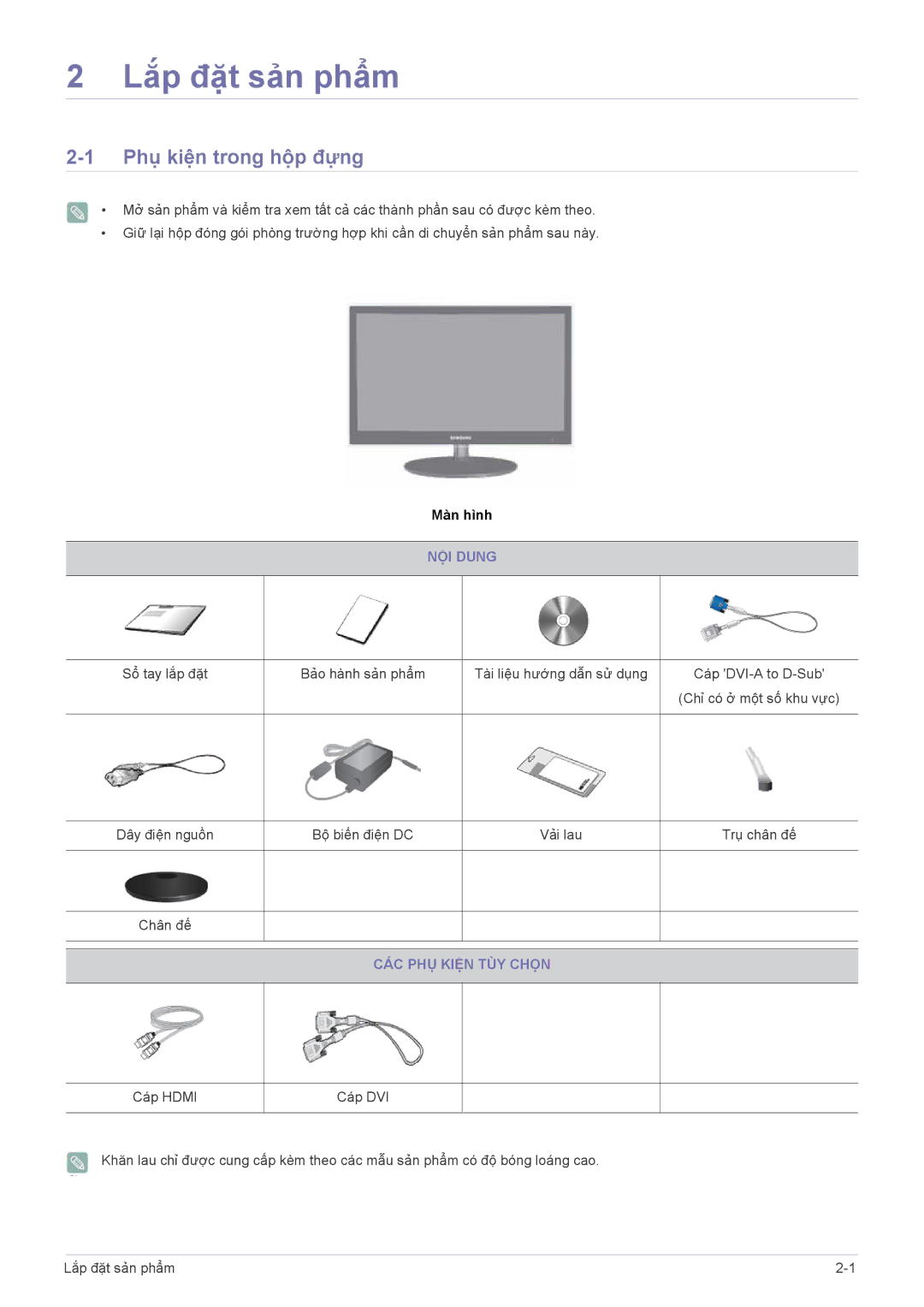 Samsung LS20EFVKUVMXV, LS22EFVKUV/EN manual Lắp đặt sản phẩm, Phụ kiện trong hộp đựng, NỘI Dung, CÁC PHỤ Kiện TÙY Chọn 