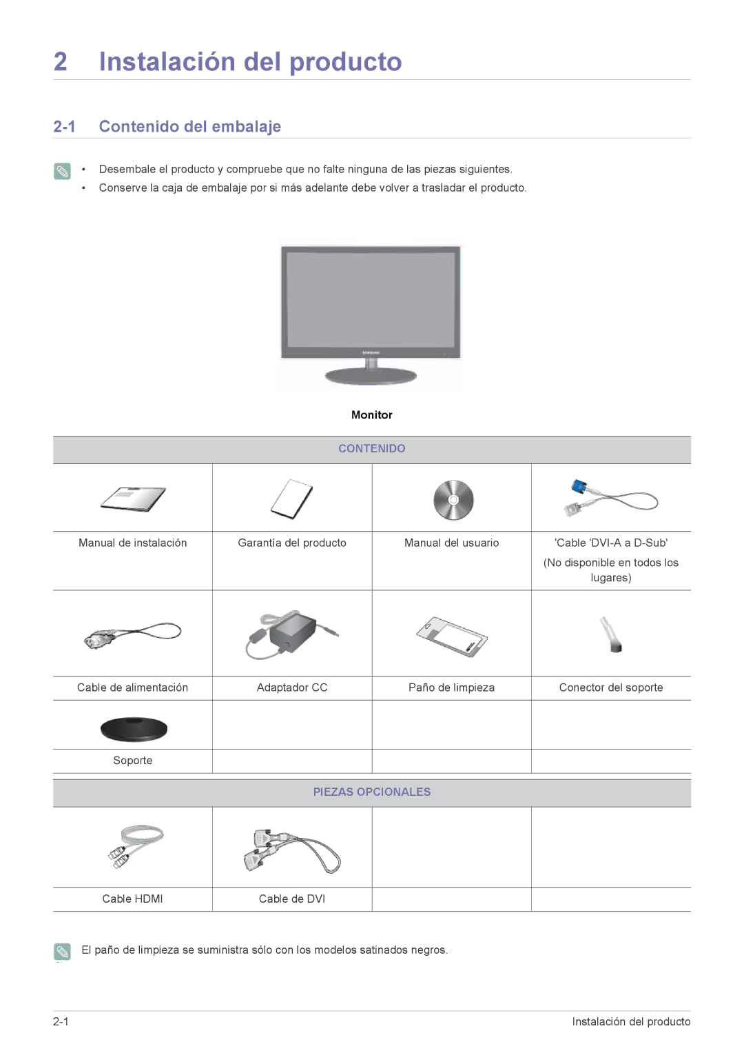 Samsung LS22EFVKUV/EN, LS20EFVKUV/ZA manual Instalación del producto, Contenido del embalaje, Piezas Opcionales 