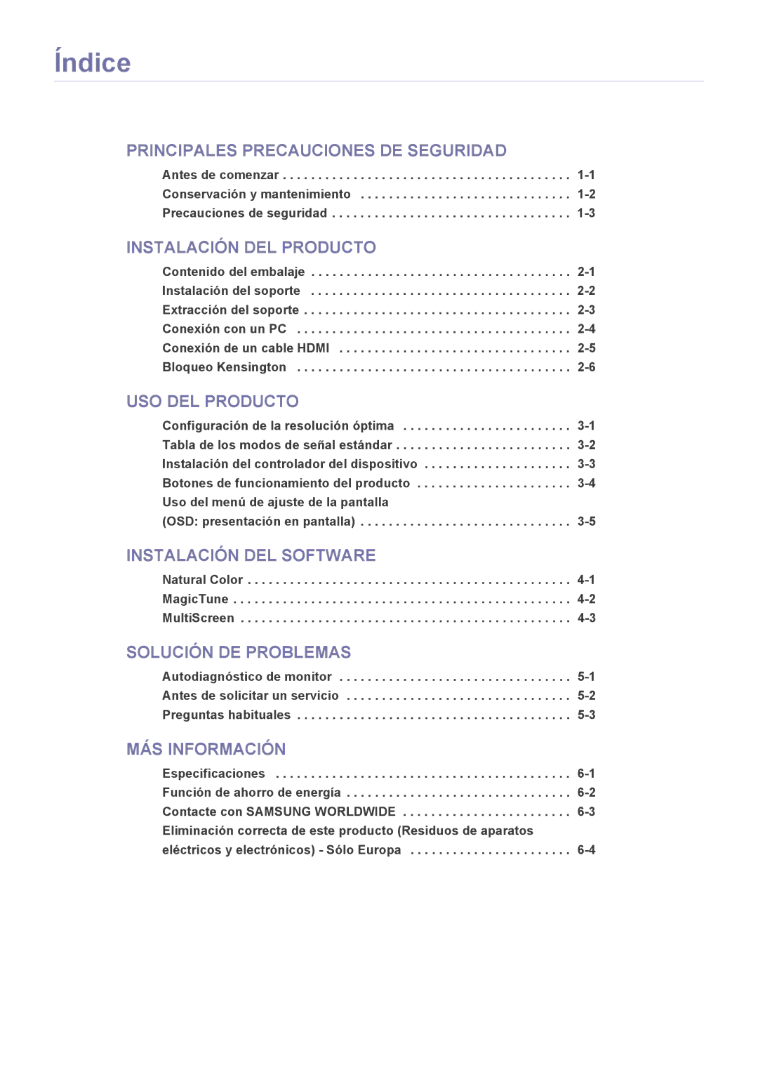 Samsung LS22EFVKUV/EN, LS20EFVKUV/ZA manual Índice, Instalación DEL Producto 