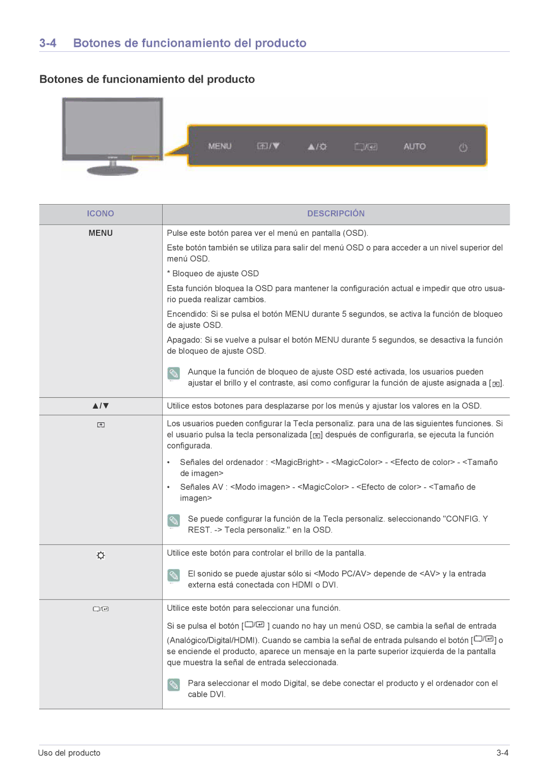 Samsung LS20EFVKUV/ZA, LS22EFVKUV/EN manual Botones de funcionamiento del producto, Icono Descripción 