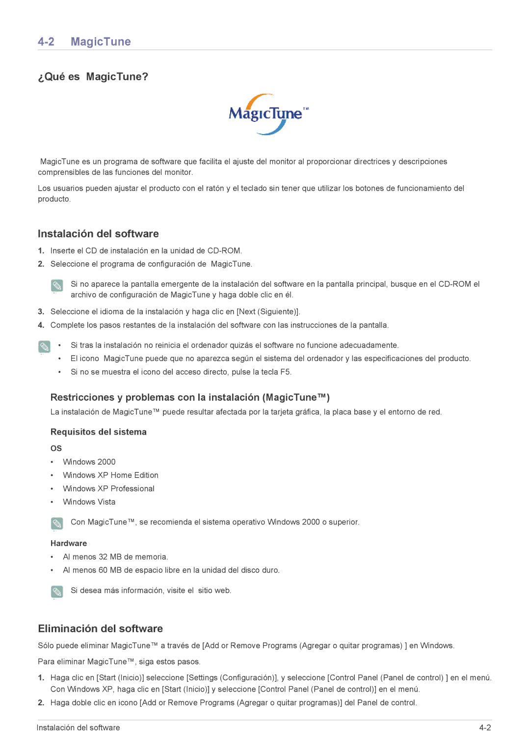 Samsung LS20EFVKUV/ZA, LS22EFVKUV/EN ¿Qué es MagicTune?, Instalación del software, Eliminación del software, Hardware 