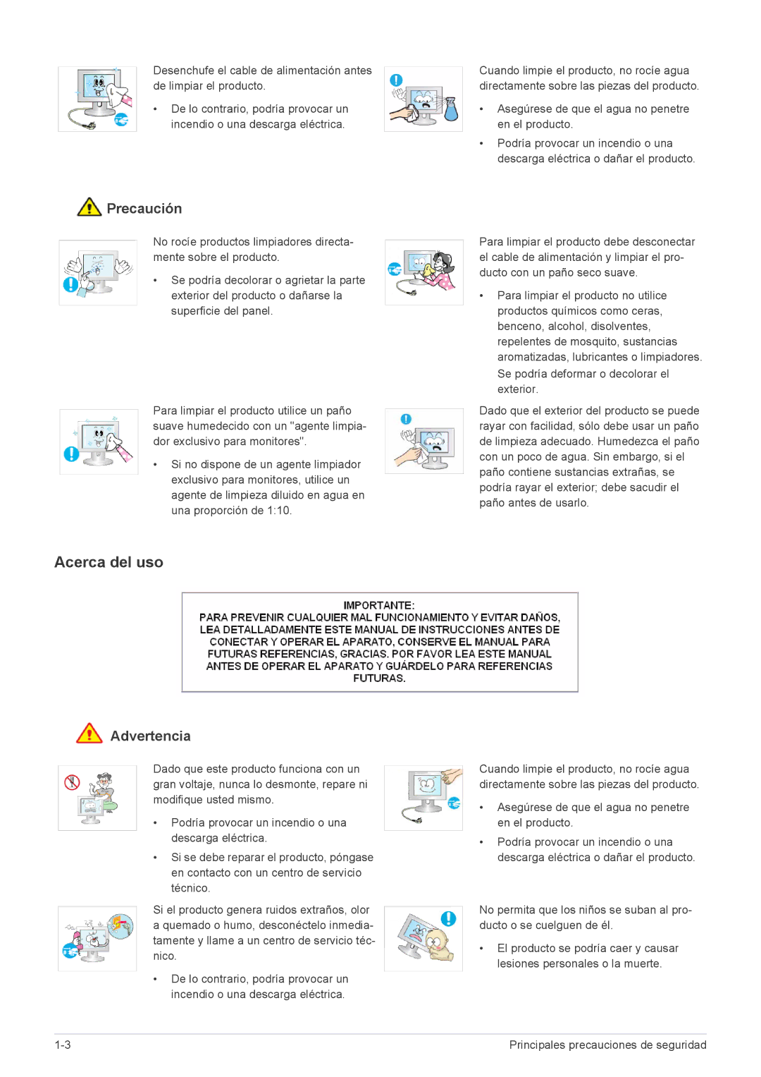 Samsung LS22EFVKUV/EN, LS20EFVKUV/ZA manual Acerca del uso, Asegúrese de que el agua no penetre en el producto 