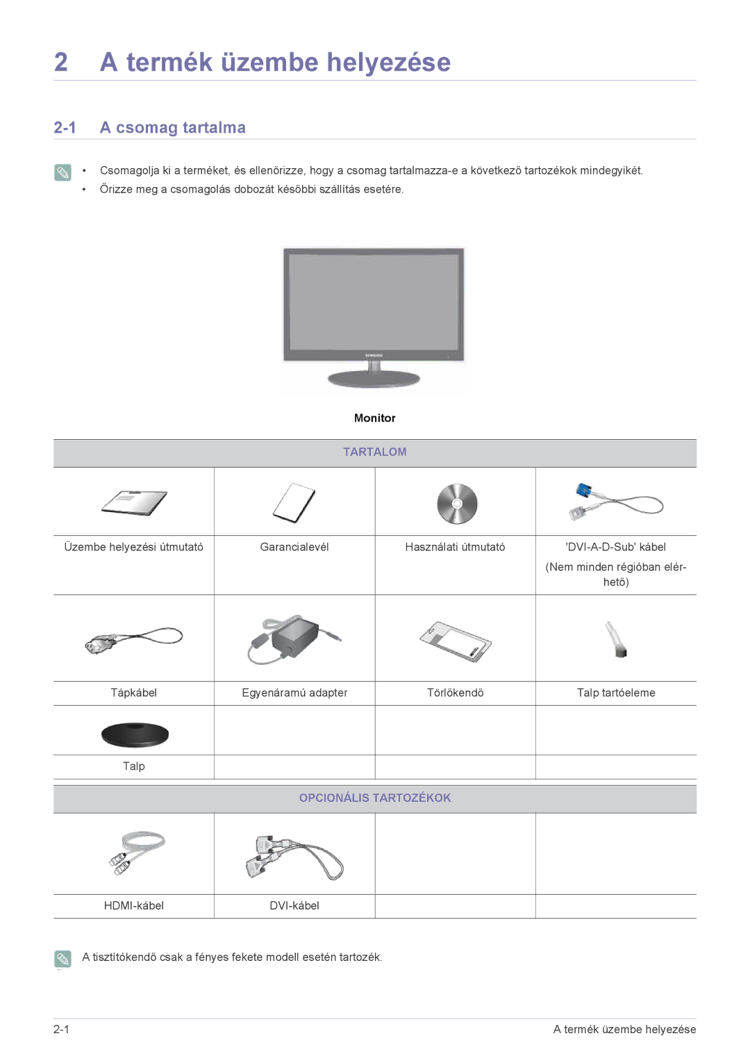 Samsung LS22EFVKUV/EN, LS22EFVKUU/EN manual Termék üzembe helyezése, Csomag tartalma, Tartalom, Opcionális Tartozékok 