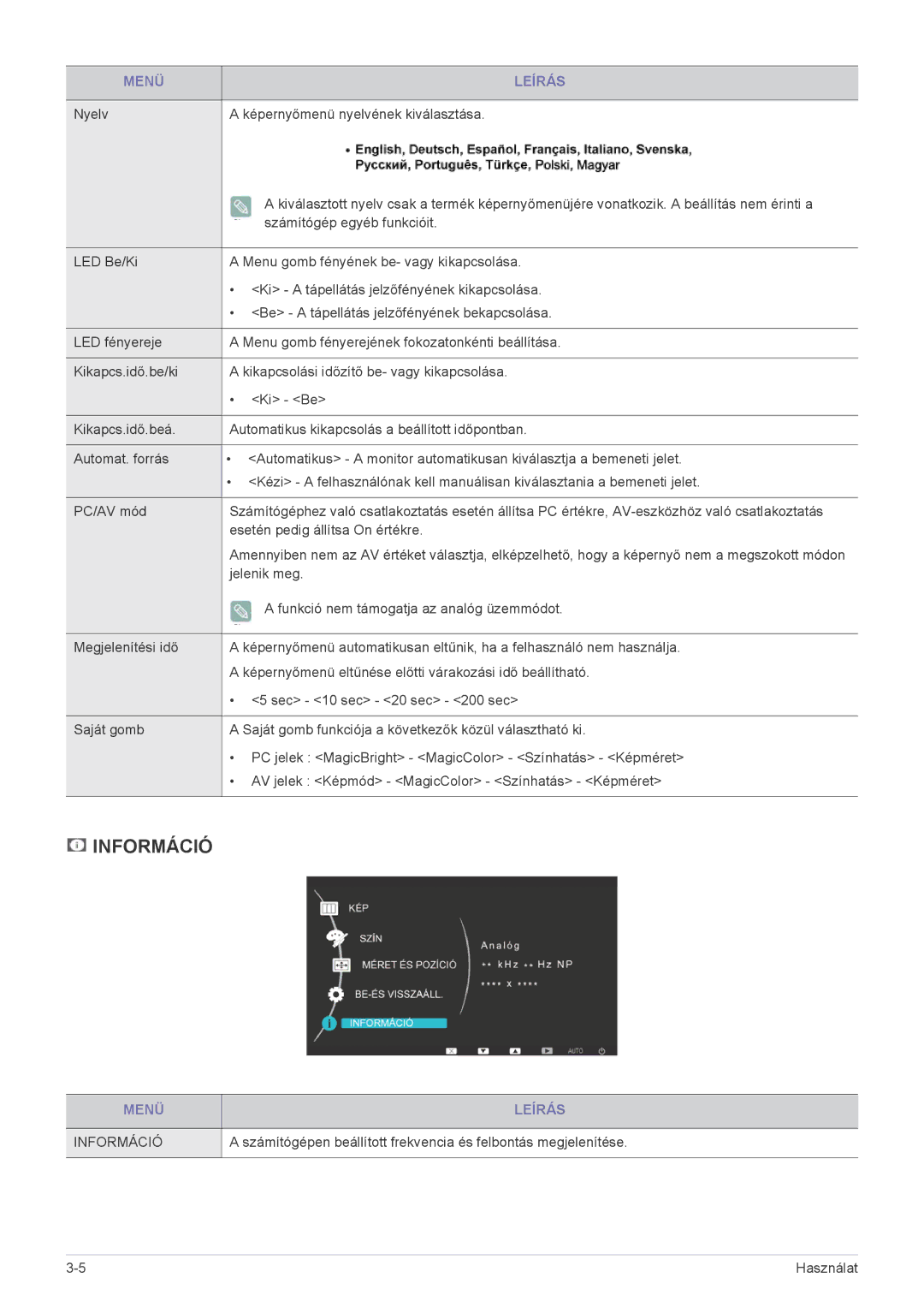 Samsung LS22EFVKUV/EN, LS22EFVKUU/EN, LS20EFVKUV/ZA manual Információ, Nyelv Képernyőmenü nyelvének kiválasztása 