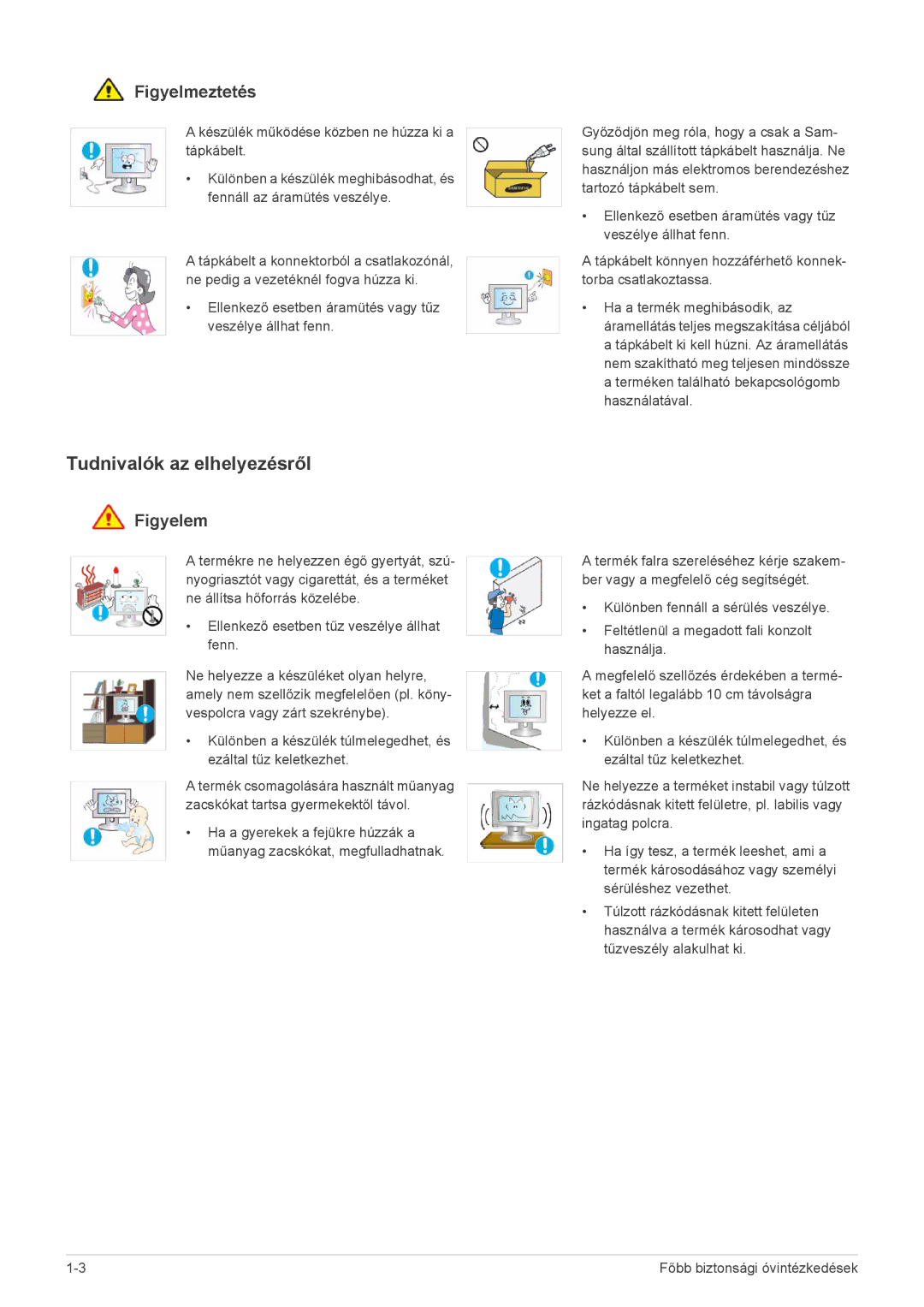 Samsung LS22EFVKUV/EN, LS22EFVKUU/EN, LS20EFVKUV/ZA manual Tudnivalók az elhelyezésről, Figyelmeztetés 