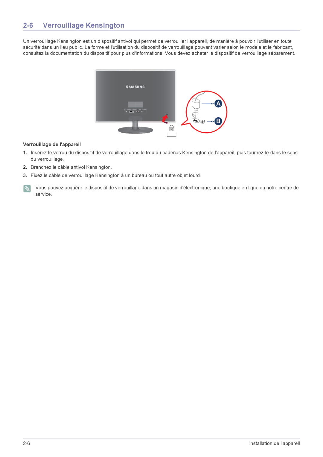 Samsung LS22EFVKUV/EN, LS22EFVKUU/EN manual Verrouillage Kensington, Verrouillage de lappareil 