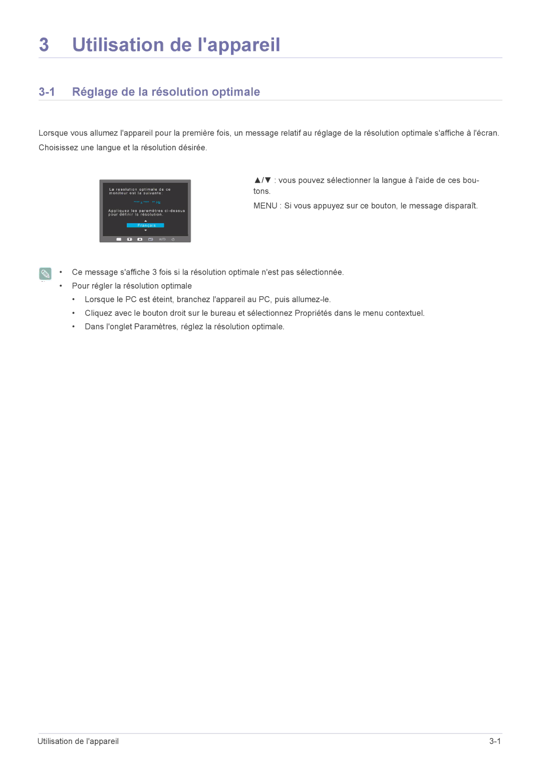 Samsung LS22EFVKUU/EN, LS22EFVKUV/EN manual Utilisation de lappareil, Réglage de la résolution optimale 