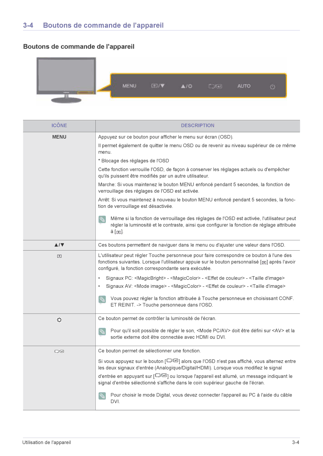 Samsung LS22EFVKUU/EN, LS22EFVKUV/EN manual Boutons de commande de lappareil, Icône Description 