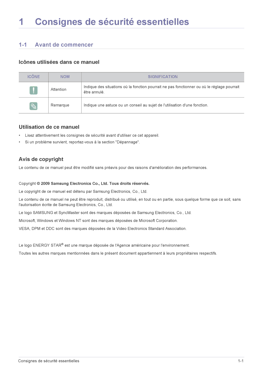 Samsung LS22EFVKUU/EN manual Consignes de sécurité essentielles, Avant de commencer, Icônes utilisées dans ce manuel 