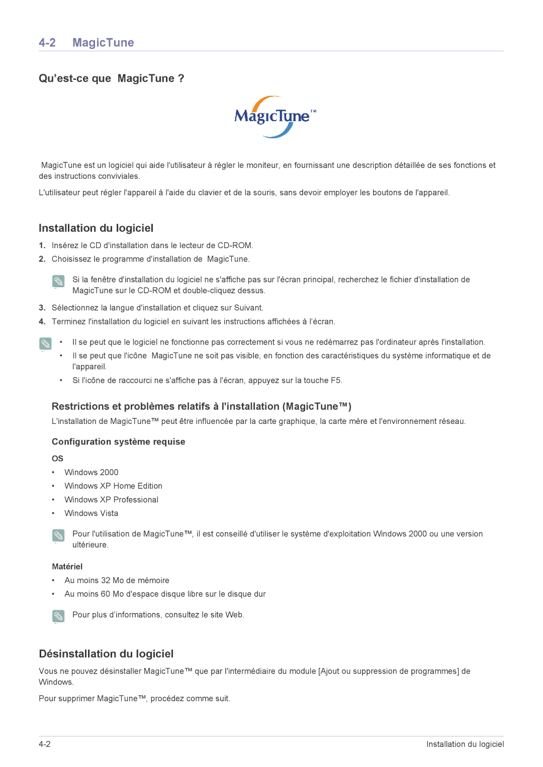 Samsung LS22EFVKUV/EN manual Qu’est-ce que MagicTune ?, Installation du logiciel, Désinstallation du logiciel, Matériel 