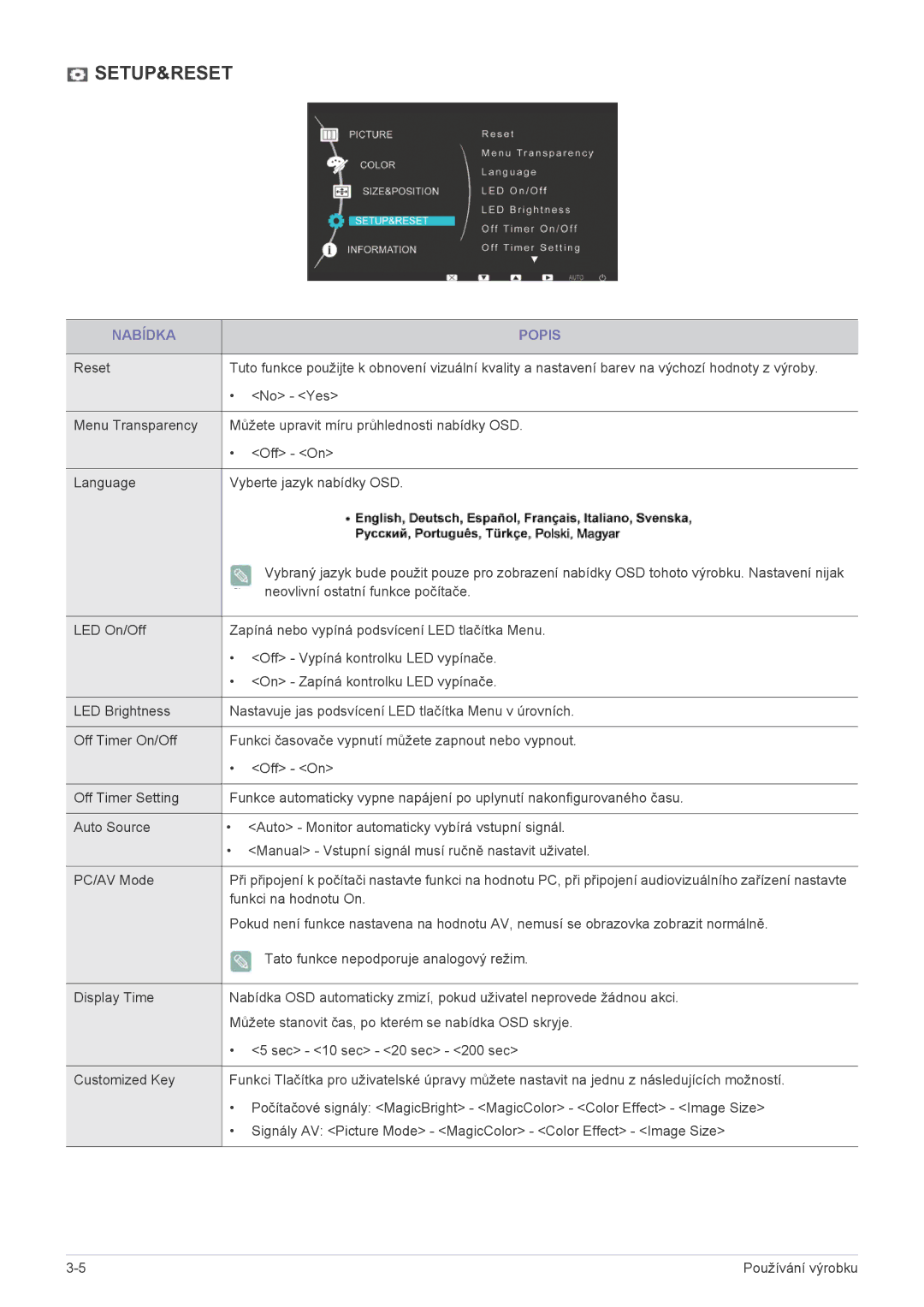 Samsung LS22EFVKUV/EN, LS22EFVKUU/EN manual Setup&Reset 