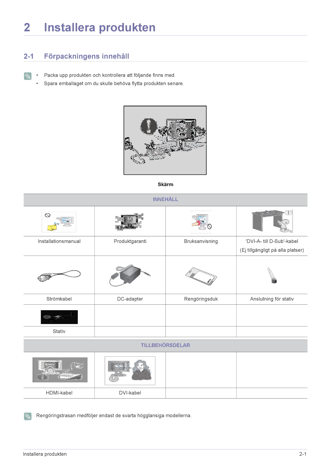 Samsung LS22EFVKUV/EN manual Installera produkten, Förpackningens innehåll, Innehåll, Tillbehörsdelar 