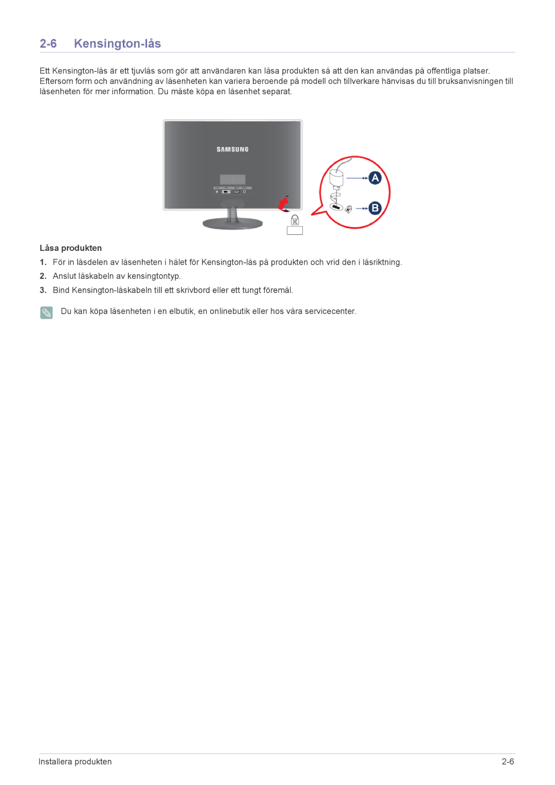 Samsung LS22EFVKUV/EN manual Kensington-lås, Låsa produkten 