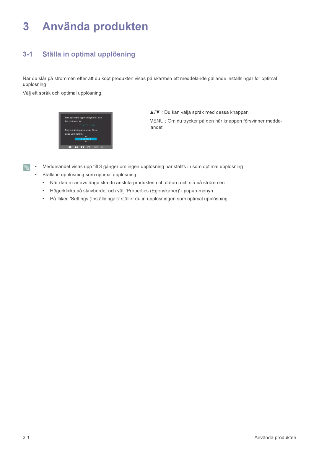 Samsung LS22EFVKUV/EN manual Använda produkten, Ställa in optimal upplösning 