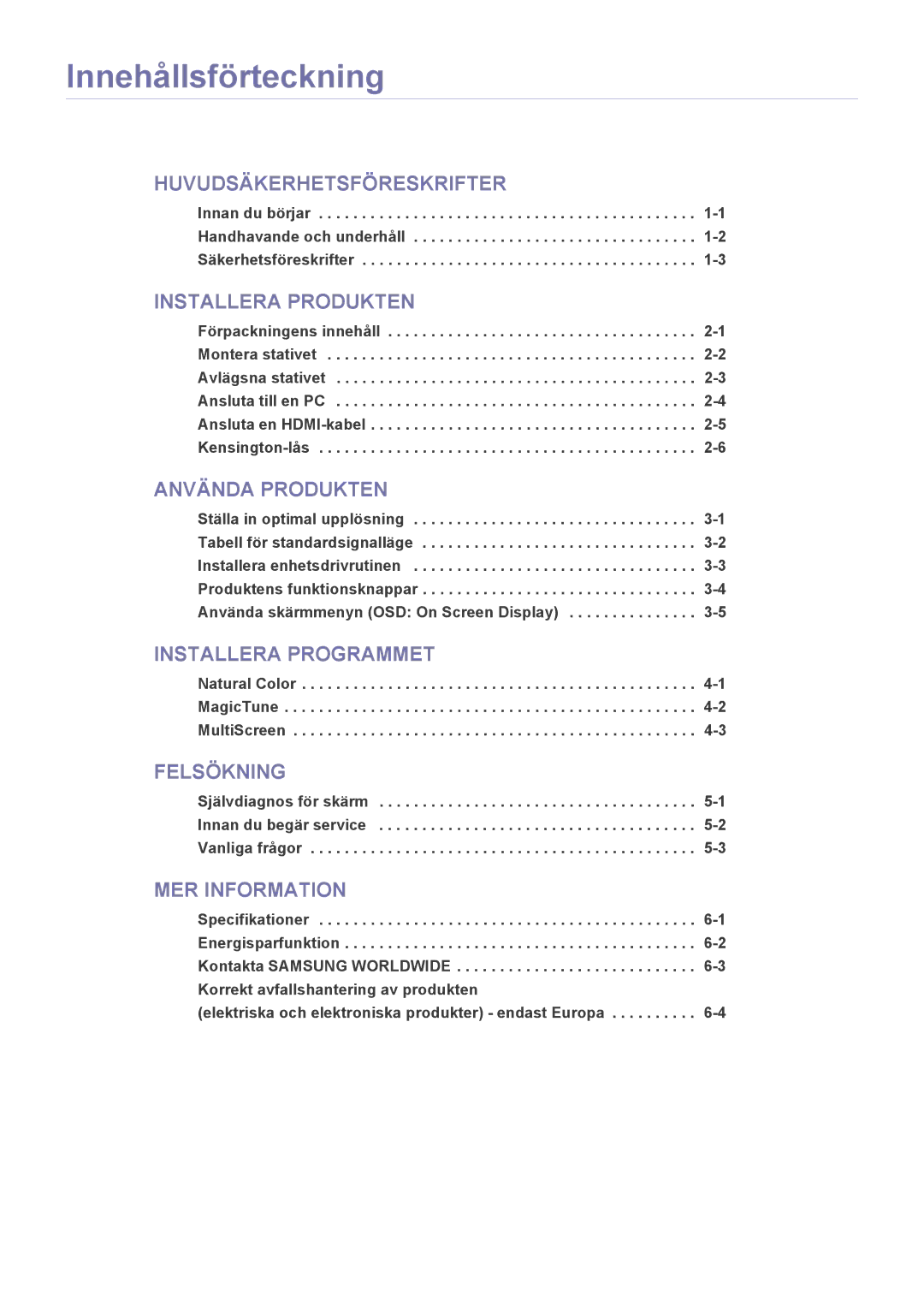 Samsung LS22EFVKUV/EN manual Innehållsförteckning, Installera Produkten 