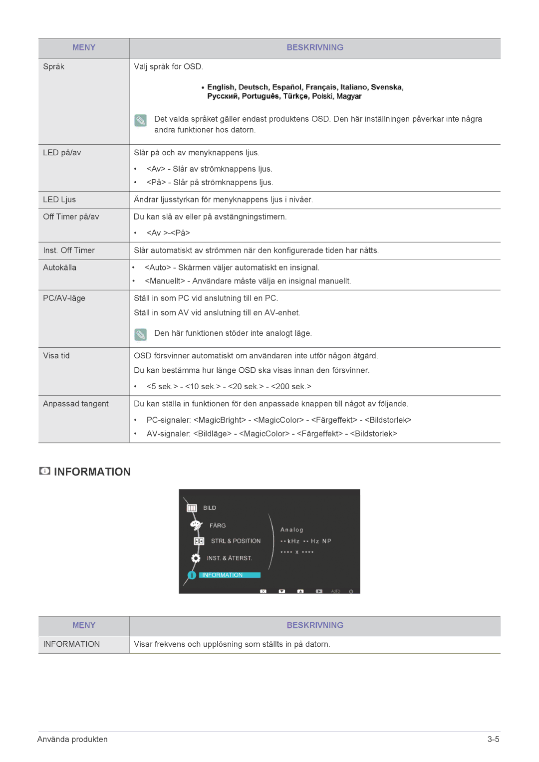 Samsung LS22EFVKUV/EN manual Språk Välj språk för OSD, Visar frekvens och upplösning som ställts in på datorn 