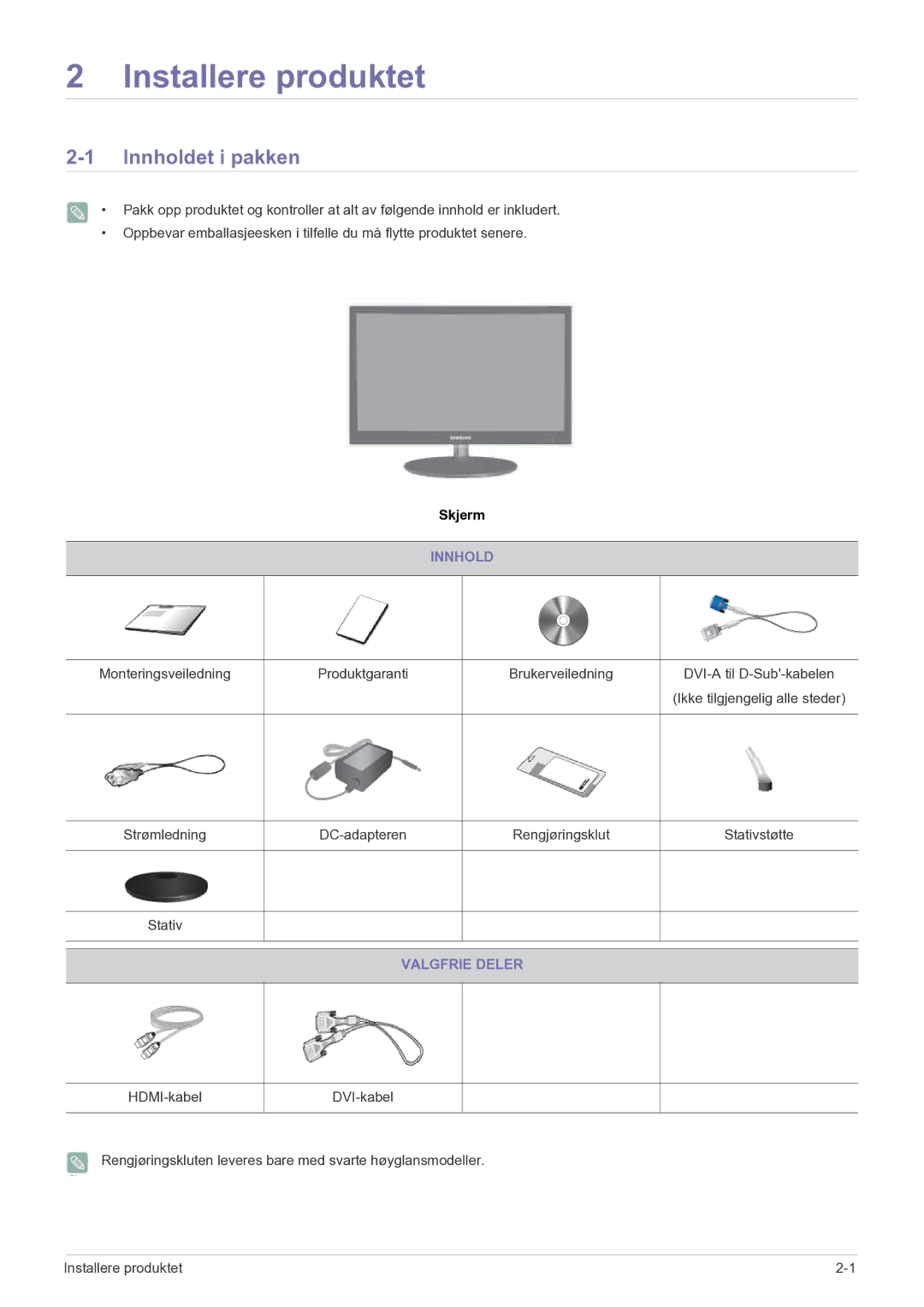 Samsung LS22EFVKUV/EN manual Installere produktet, Innholdet i pakken, Valgfrie Deler 