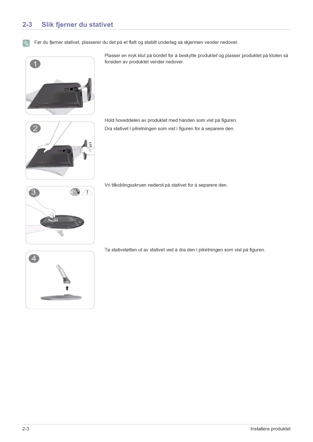 Samsung LS22EFVKUV/EN manual Slik fjerner du stativet 