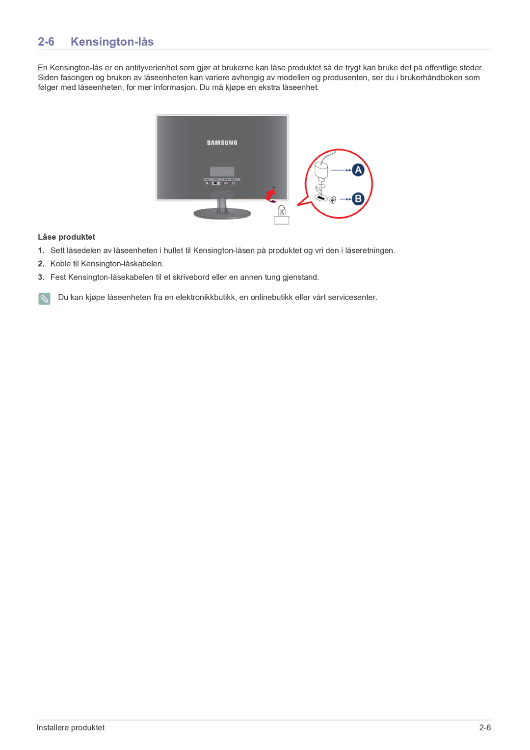 Samsung LS22EFVKUV/EN manual Kensington-lås, Låse produktet 