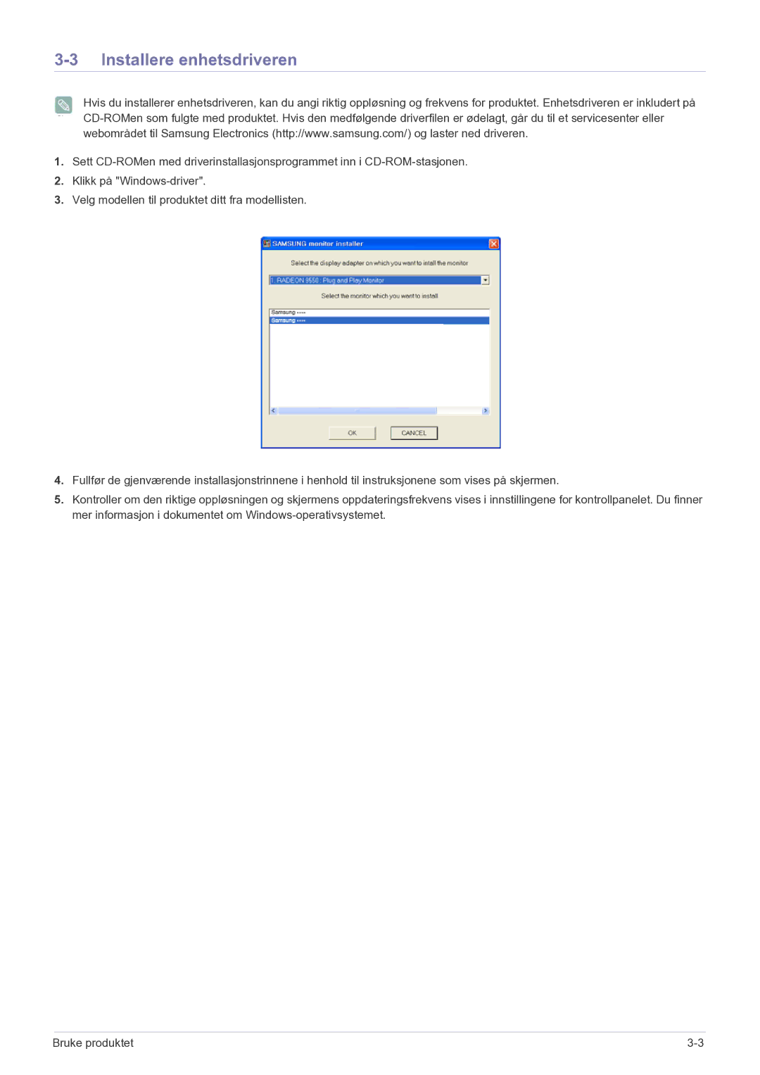 Samsung LS22EFVKUV/EN manual Installere enhetsdriveren 