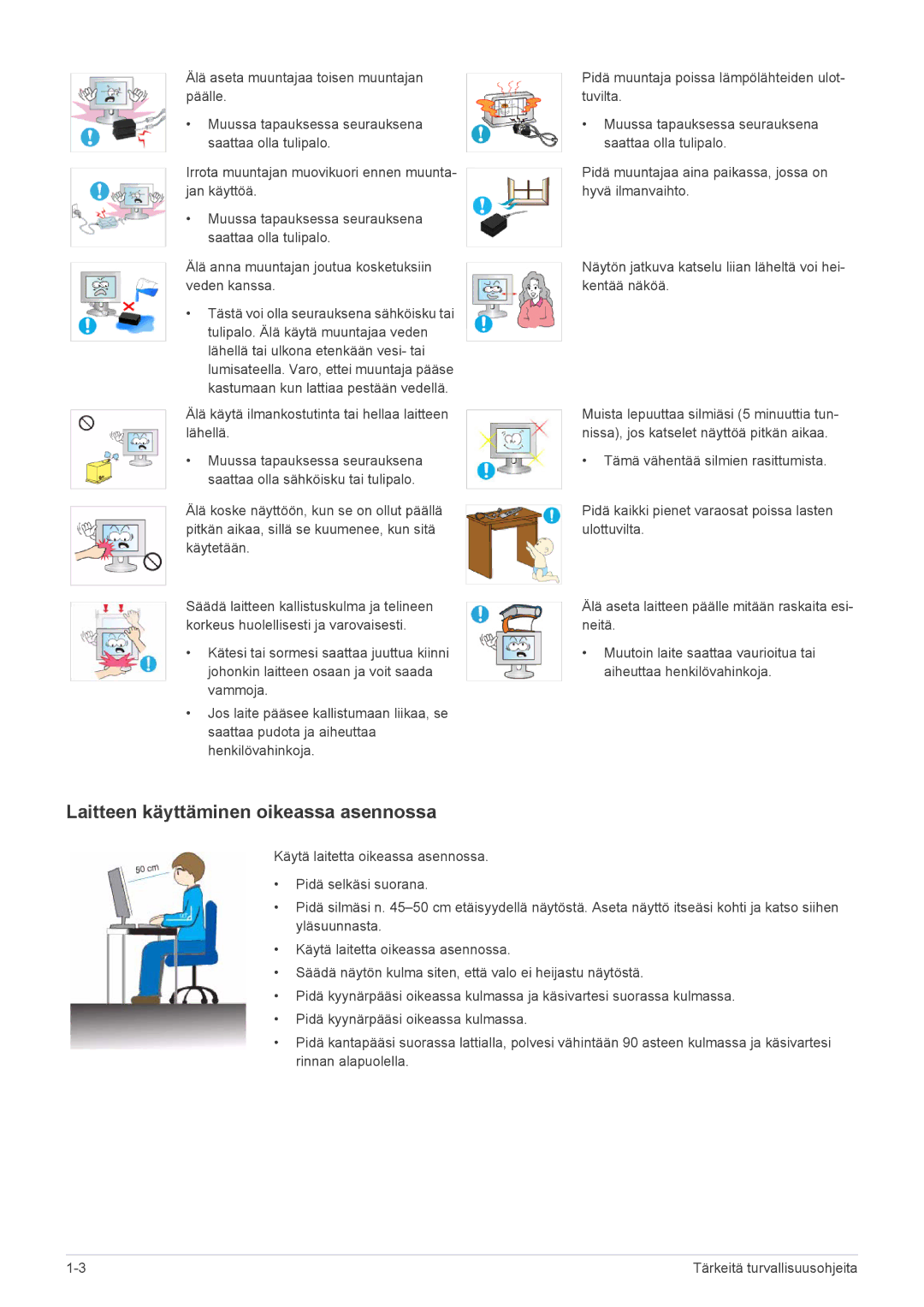 Samsung LS22EFVKUV/EN manual Laitteen käyttäminen oikeassa asennossa 