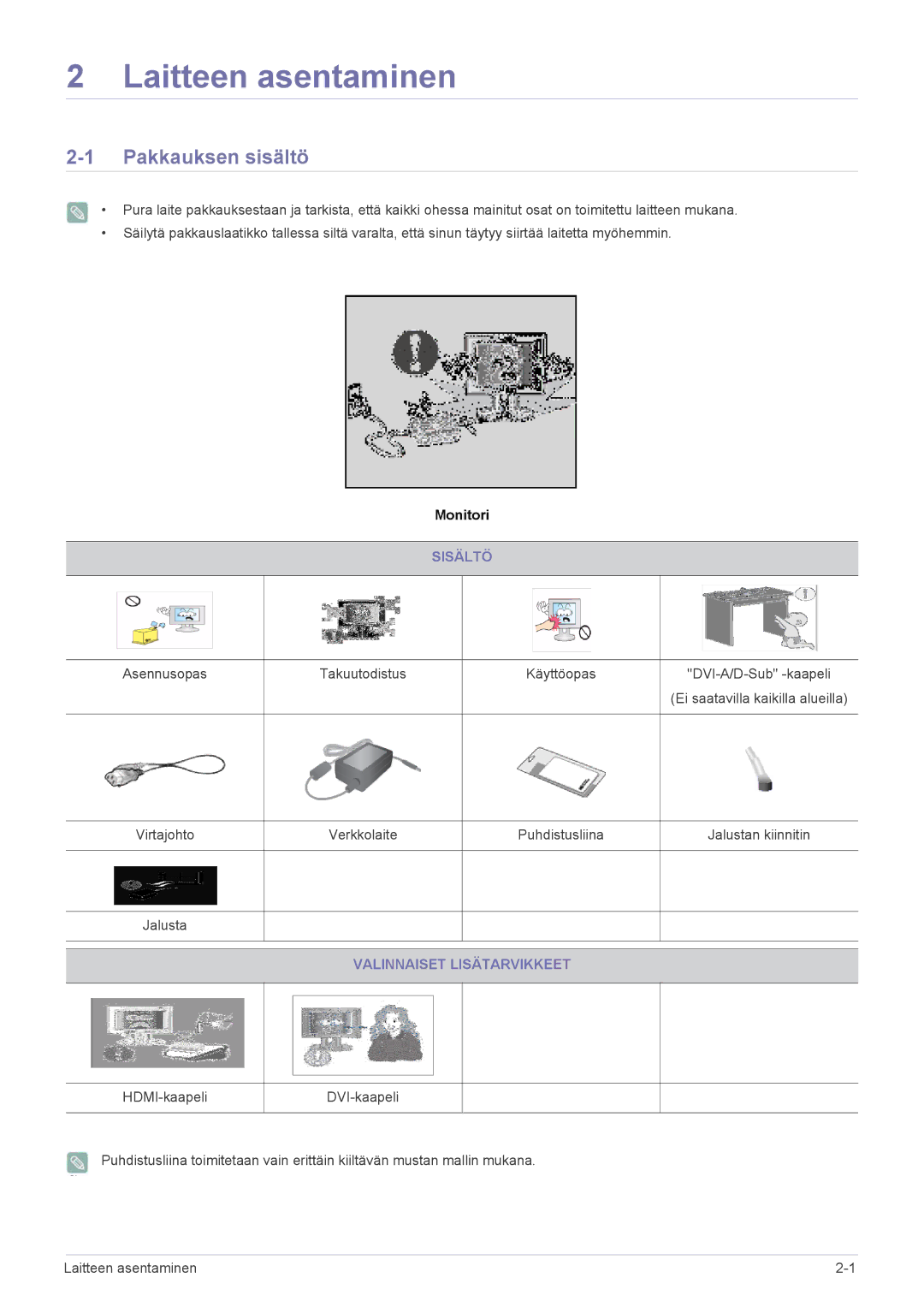 Samsung LS22EFVKUV/EN manual Laitteen asentaminen, Pakkauksen sisältö, Sisältö, Valinnaiset Lisätarvikkeet 