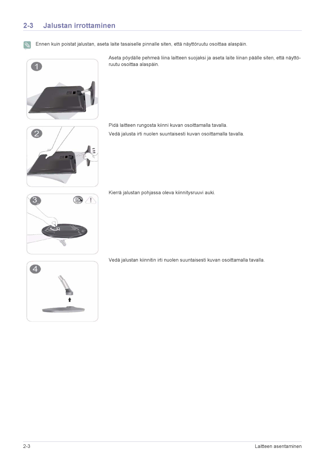 Samsung LS22EFVKUV/EN manual Jalustan irrottaminen 