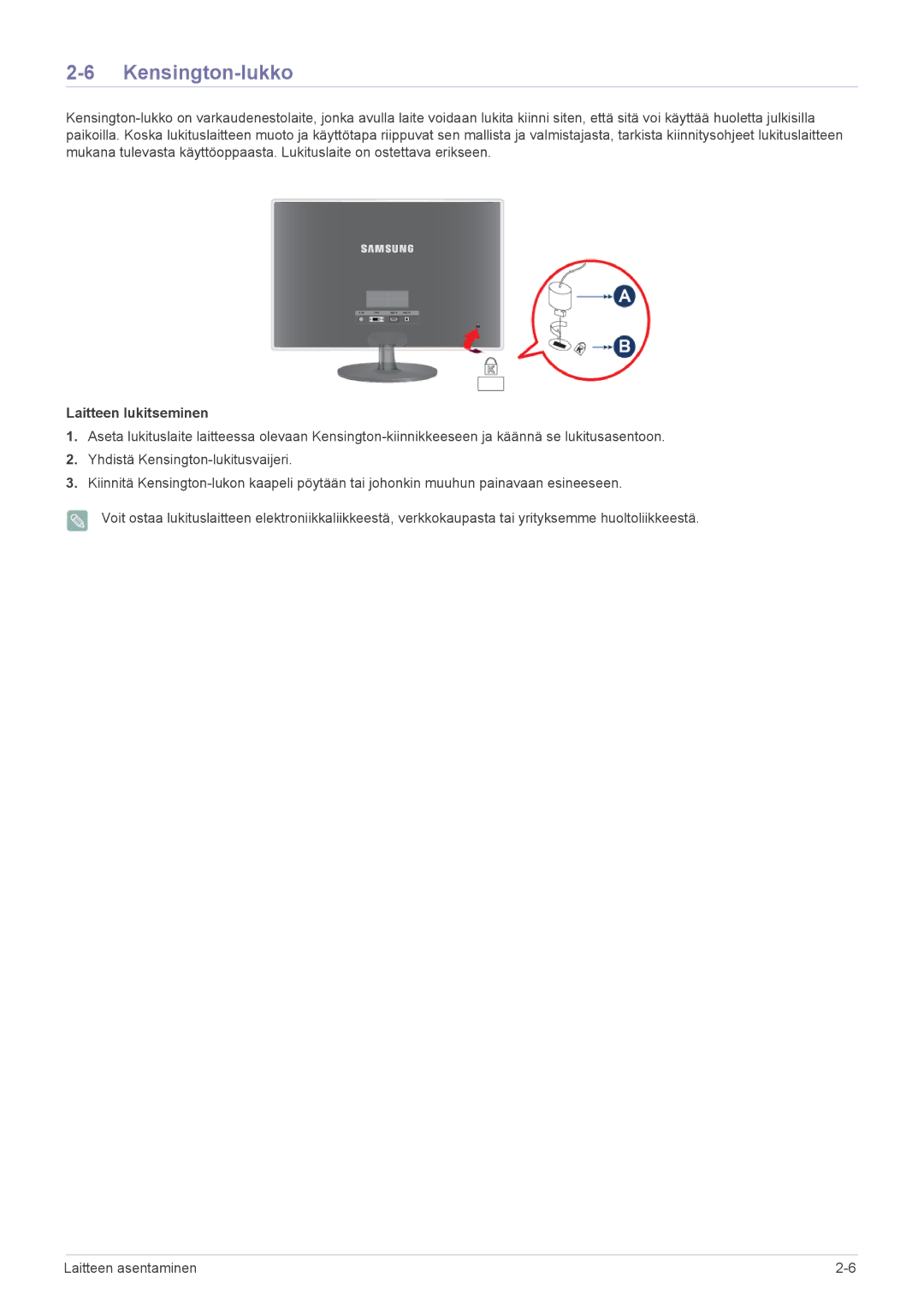 Samsung LS22EFVKUV/EN manual Kensington-lukko, Laitteen lukitseminen 