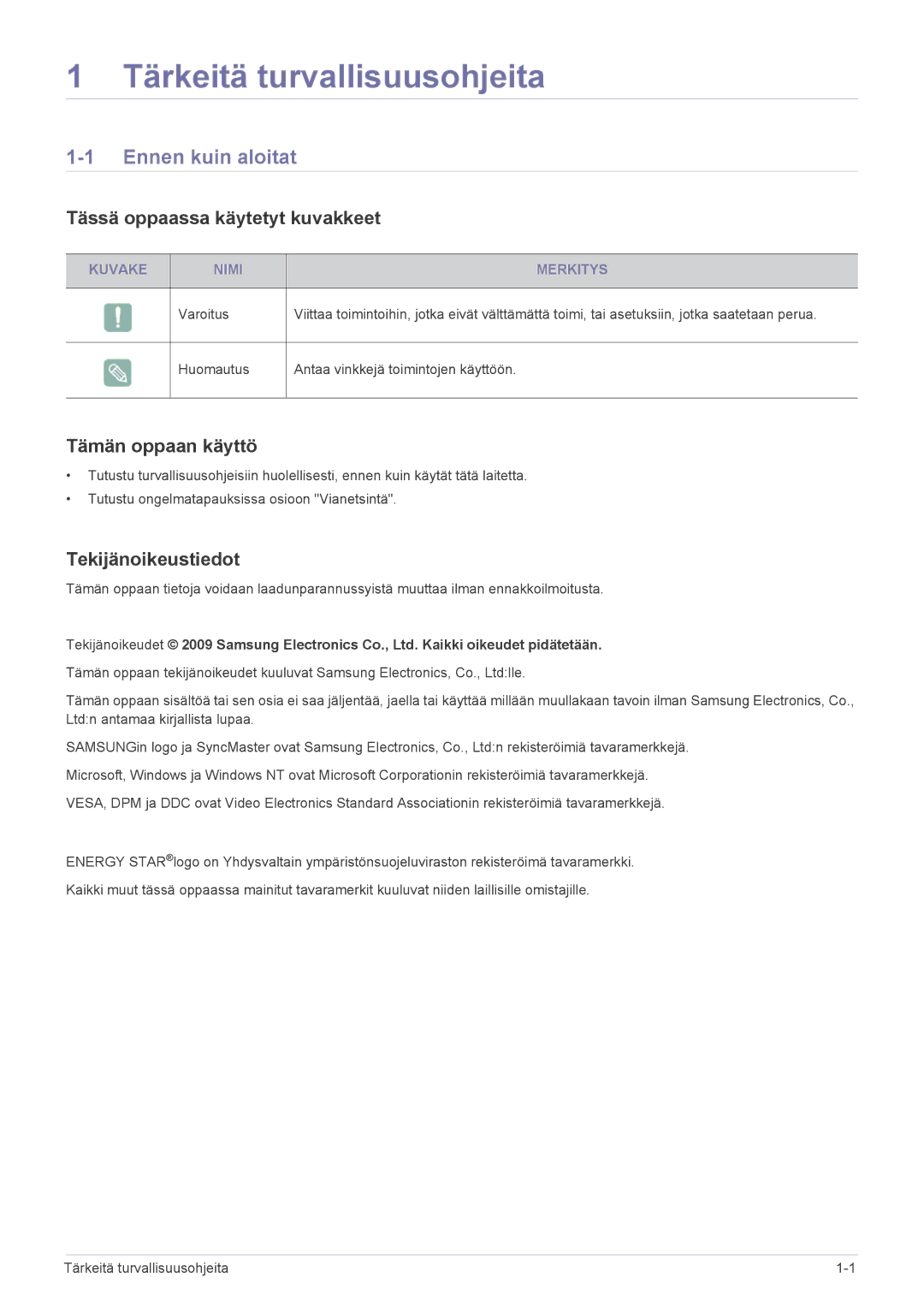 Samsung LS22EFVKUV/EN manual Tärkeitä turvallisuusohjeita, Ennen kuin aloitat, Tässä oppaassa käytetyt kuvakkeet 