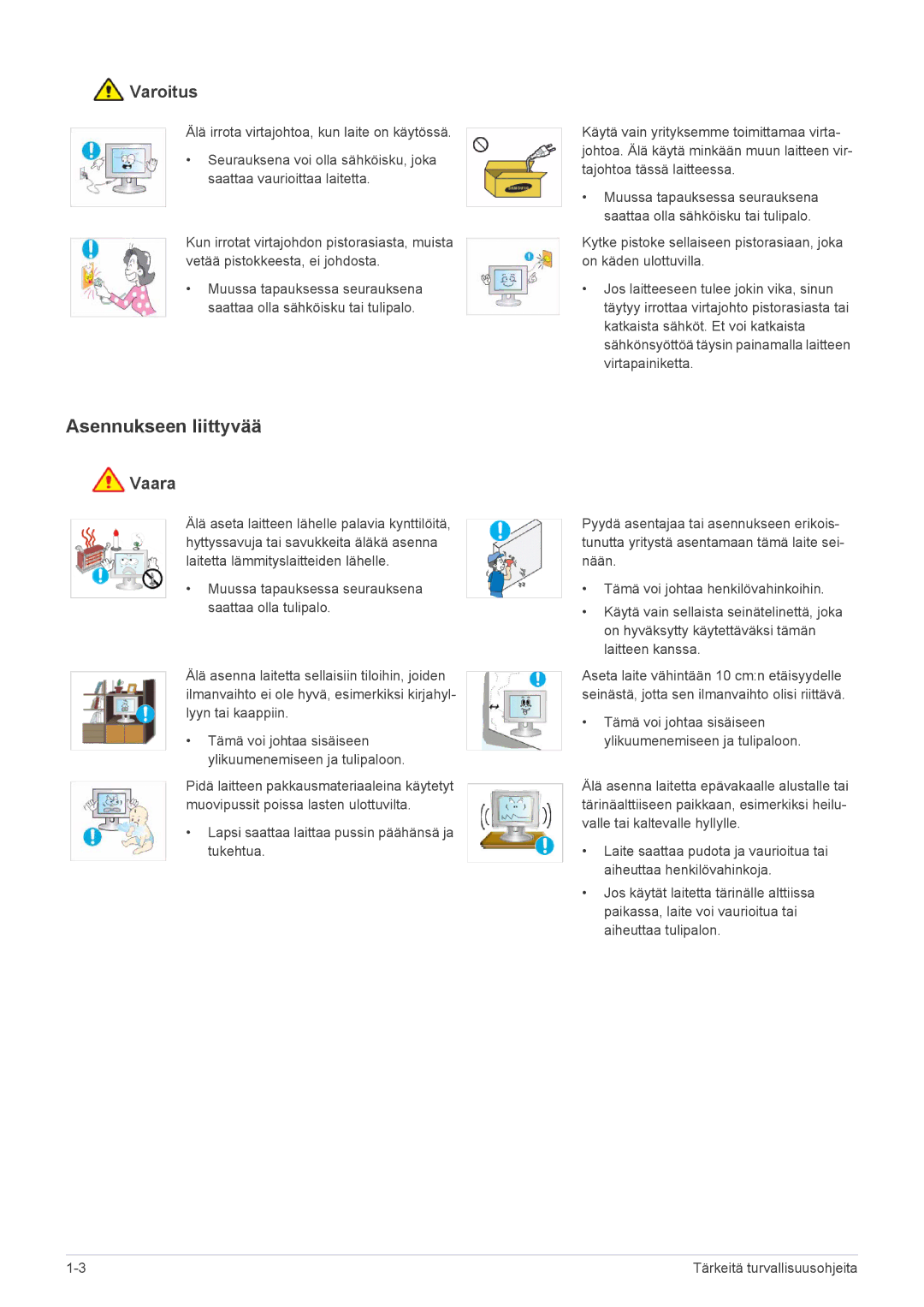 Samsung LS22EFVKUV/EN manual Asennukseen liittyvää, Varoitus 