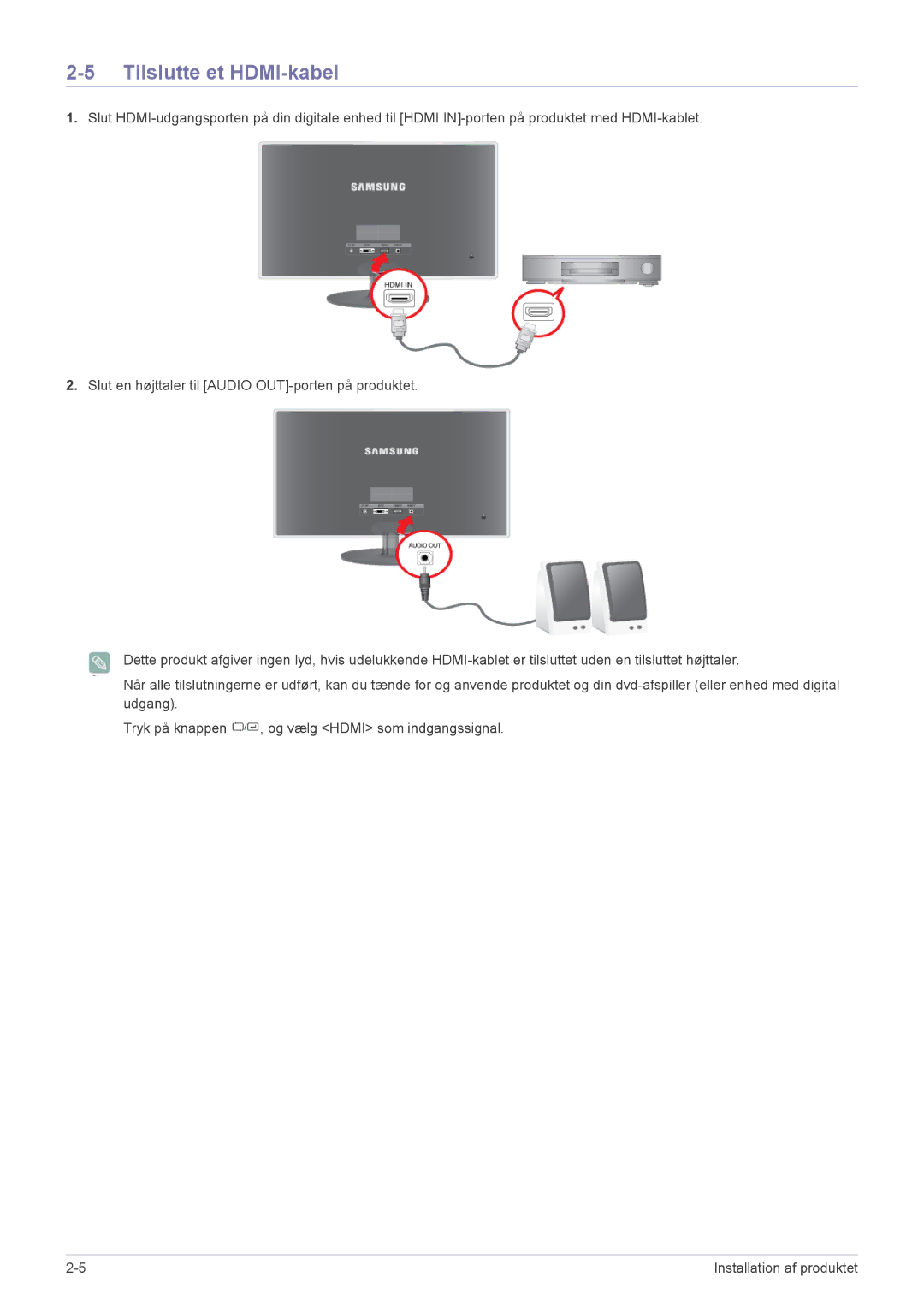 Samsung LS22EFVKUV/EN manual Tilslutte et HDMI-kabel 