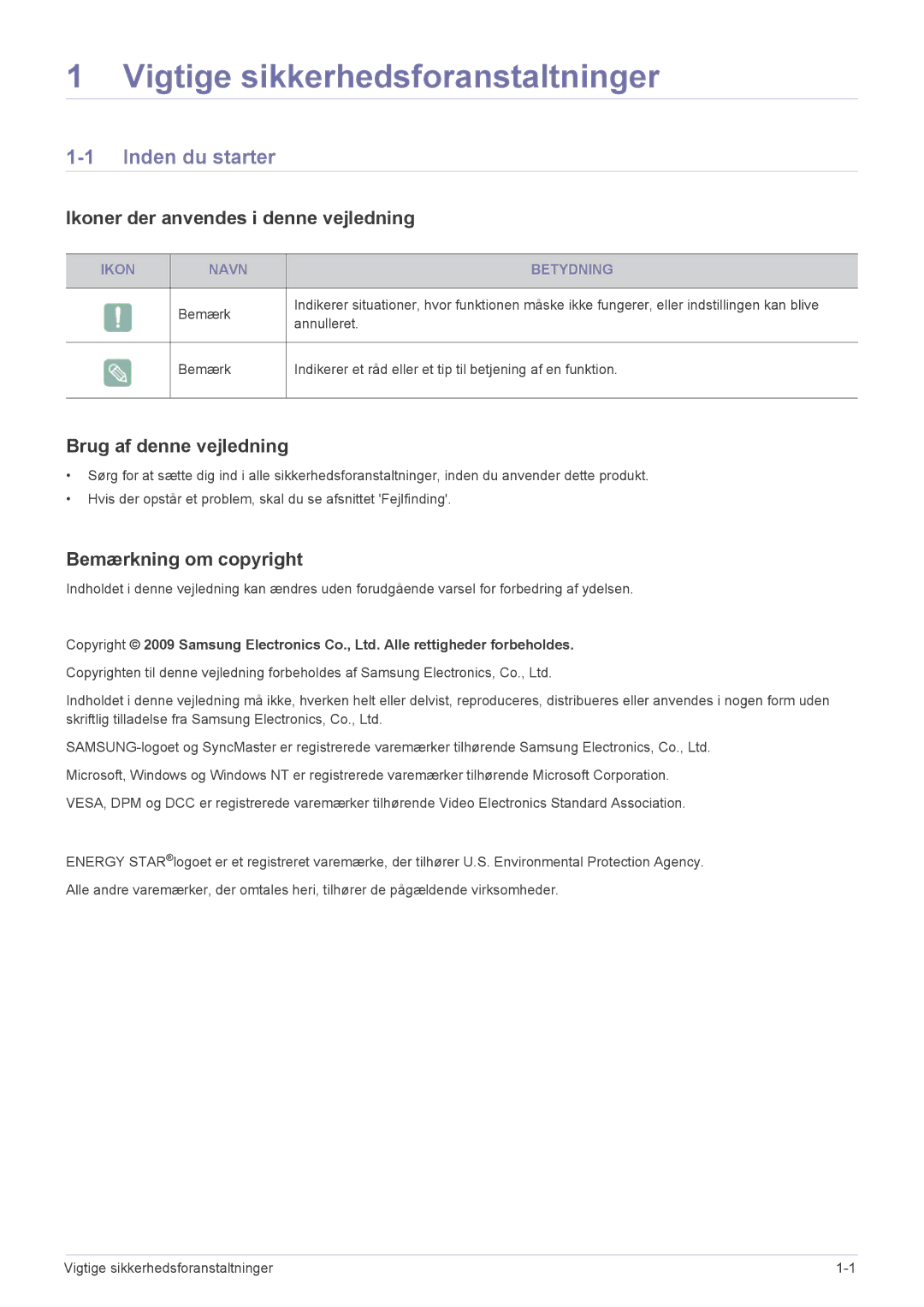 Samsung LS22EFVKUV/EN manual Vigtige sikkerhedsforanstaltninger, Inden du starter, Ikoner der anvendes i denne vejledning 