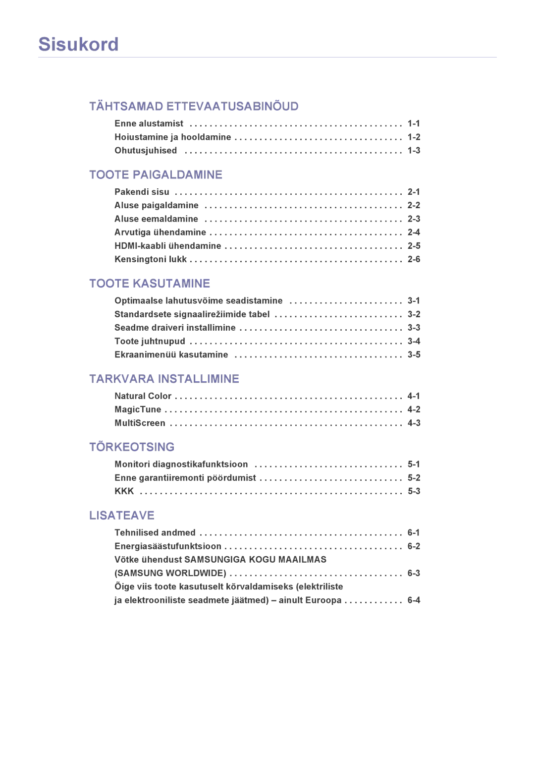 Samsung LS22EFVKUV/EN manual Sisukord, Toote Paigaldamine 