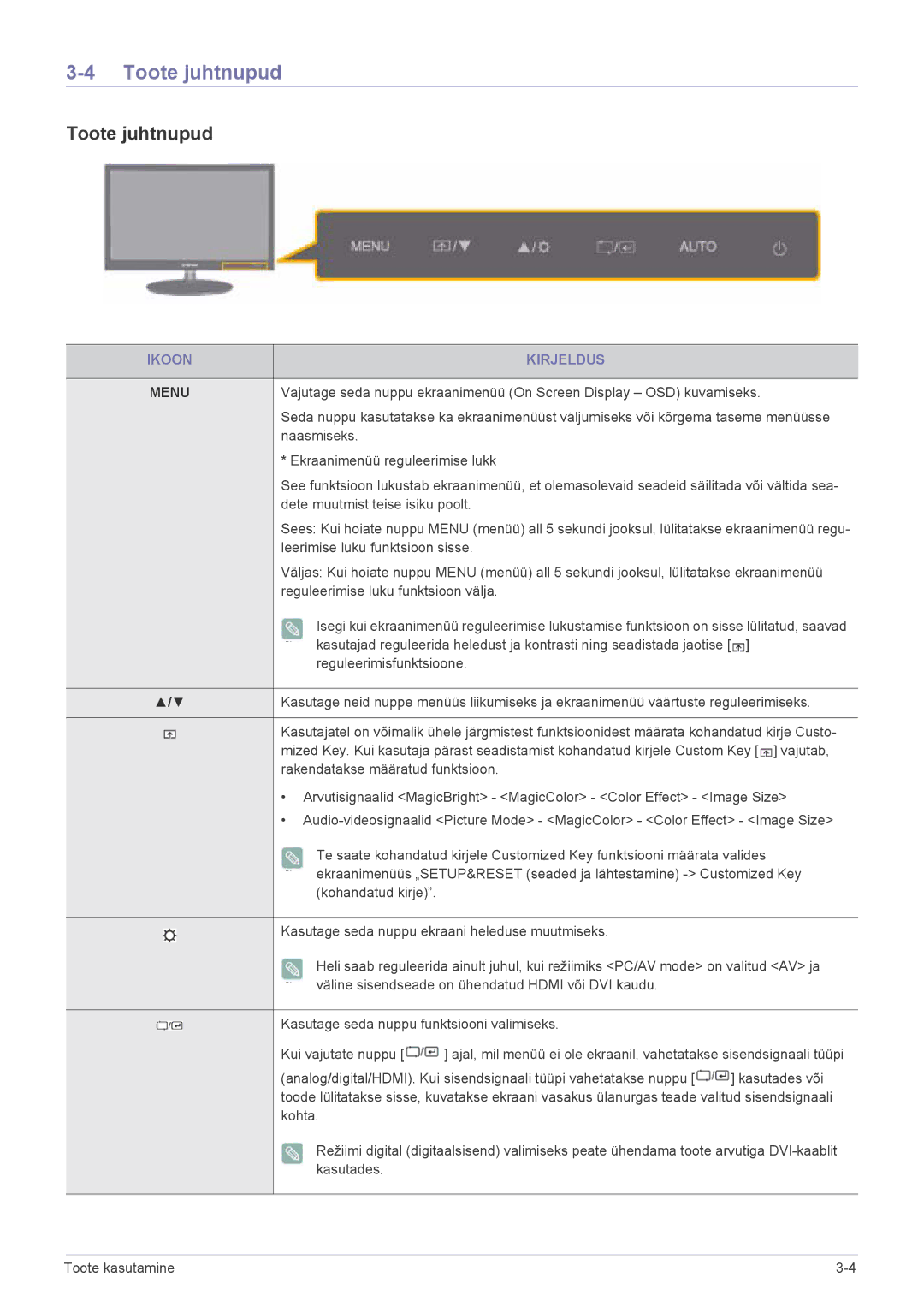 Samsung LS22EFVKUV/EN manual Toote juhtnupud, Ikoon Kirjeldus 