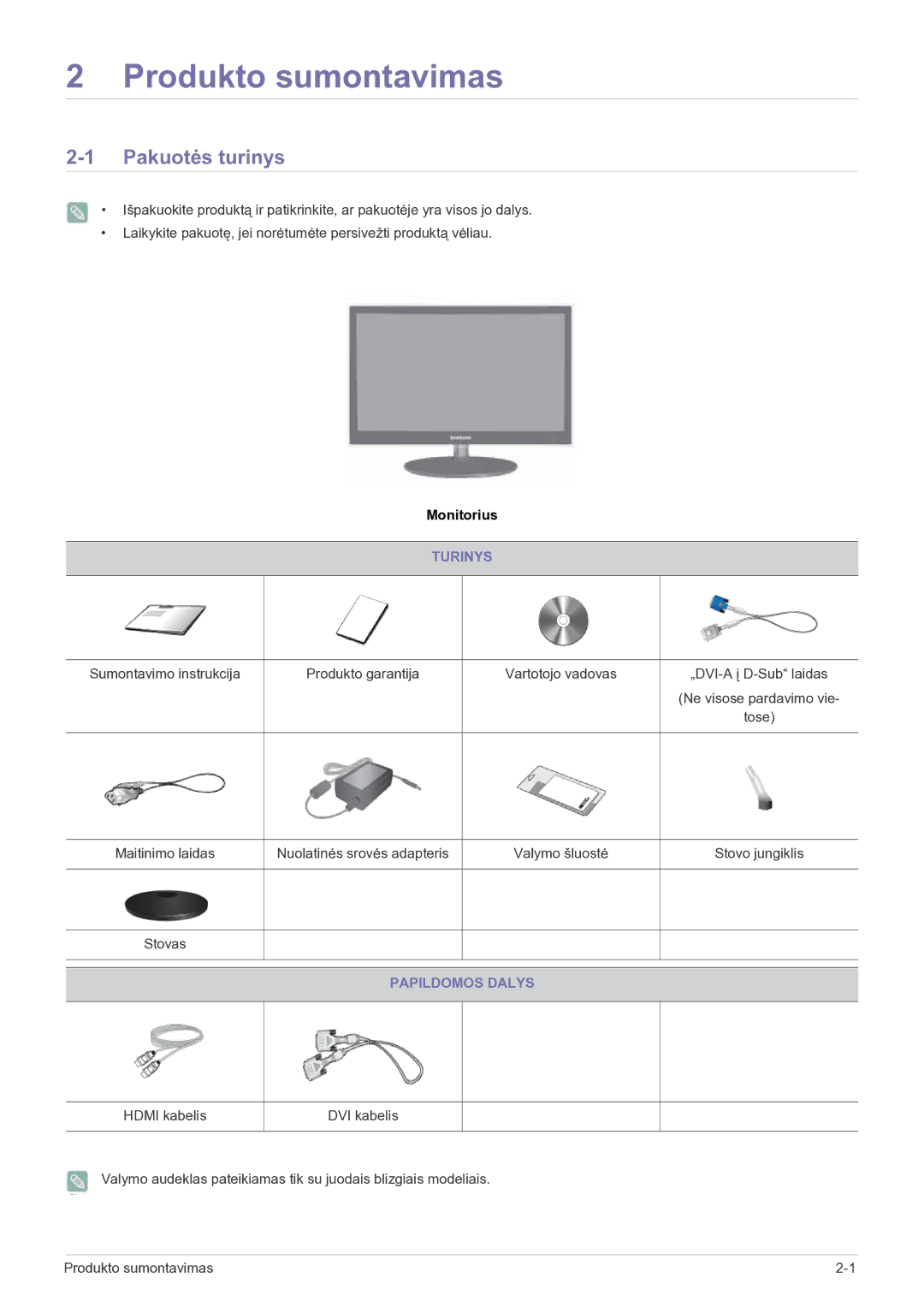 Samsung LS22EFVKUV/EN manual Produkto sumontavimas, Pakuotės turinys, Turinys, Papildomos Dalys 