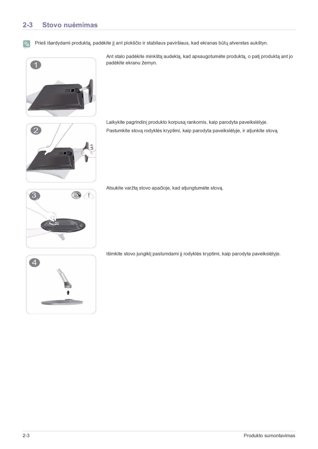 Samsung LS22EFVKUV/EN manual Stovo nuėmimas 