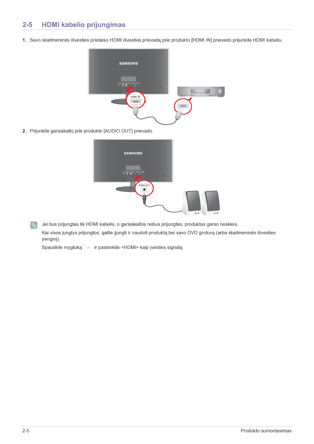 Samsung LS22EFVKUV/EN manual Hdmi kabelio prijungimas 