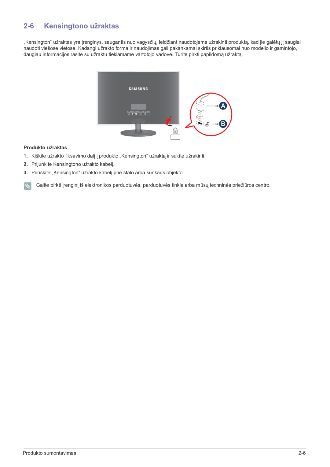 Samsung LS22EFVKUV/EN manual Kensingtono užraktas, Produkto užraktas 