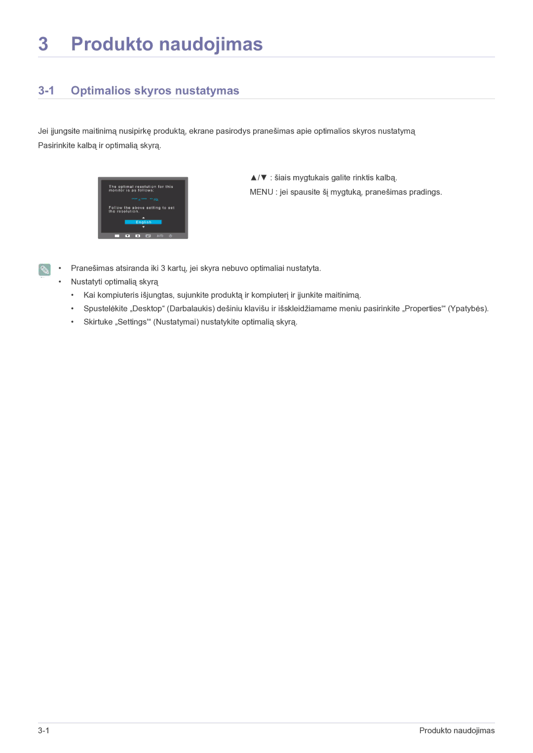 Samsung LS22EFVKUV/EN manual Produkto naudojimas, Optimalios skyros nustatymas 