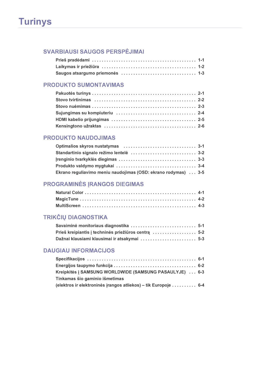 Samsung LS22EFVKUV/EN manual Turinys, Produkto Sumontavimas 