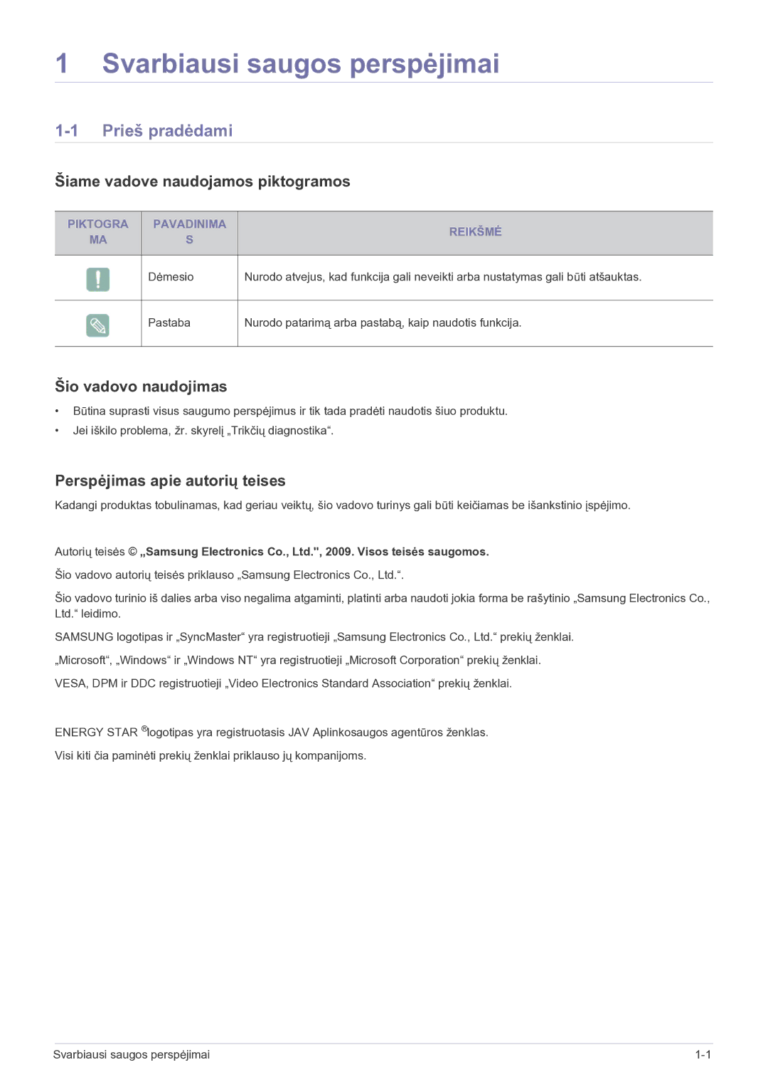 Samsung LS22EFVKUV/EN manual Svarbiausi saugos perspėjimai, Prieš pradėdami, Šiame vadove naudojamos piktogramos 