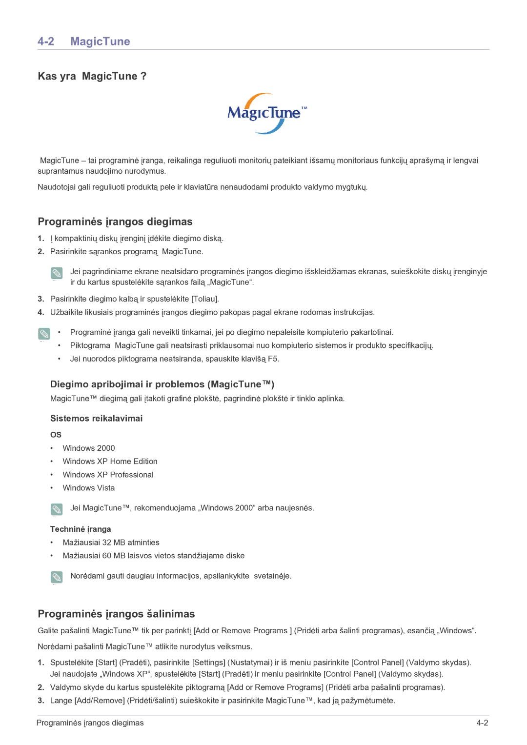 Samsung LS22EFVKUV/EN manual Kas yra MagicTune ?, Programinės įrangos diegimas, Programinės įrangos šalinimas 