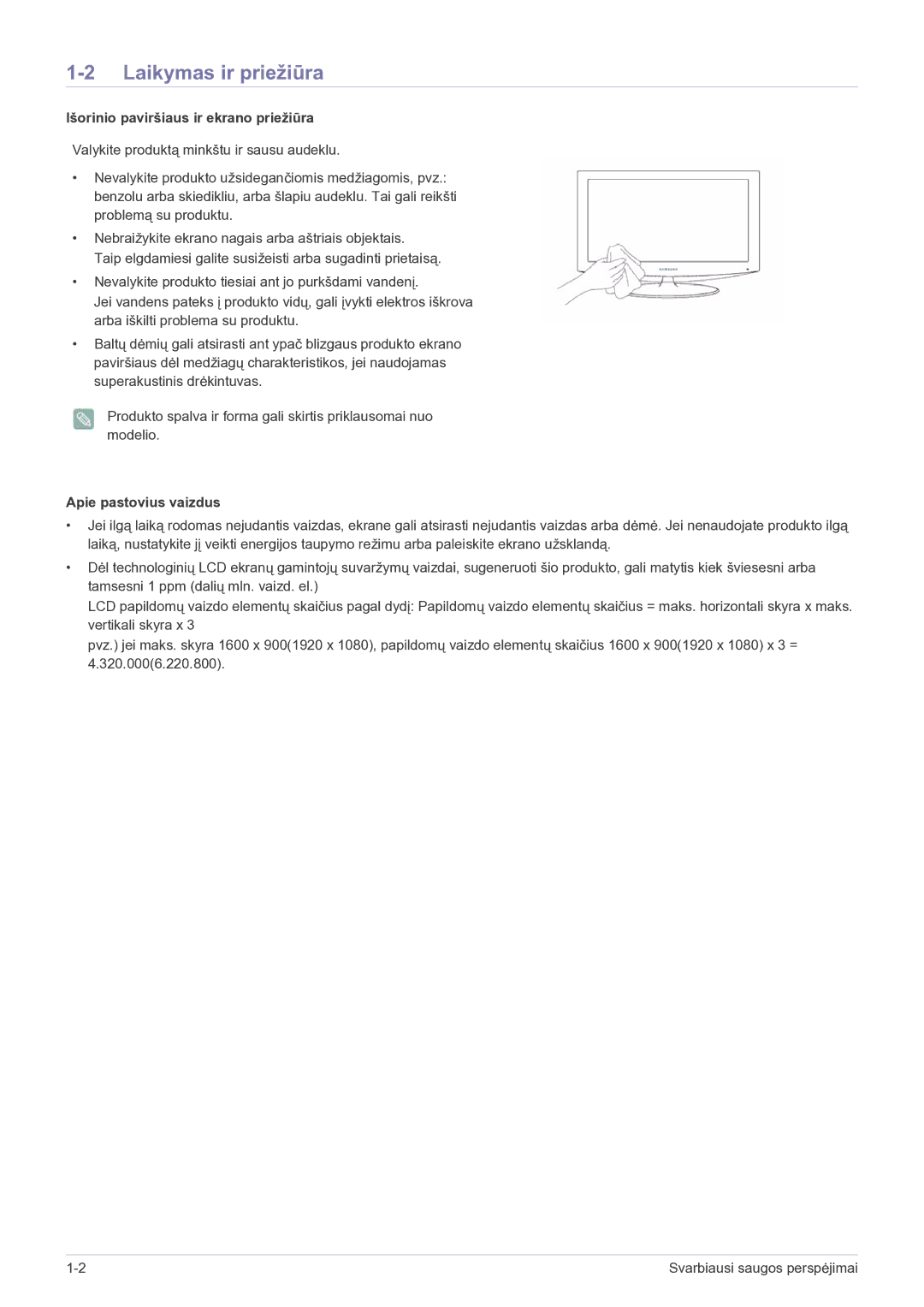 Samsung LS22EFVKUV/EN manual Laikymas ir priežiūra, Išorinio paviršiaus ir ekrano priežiūra, Apie pastovius vaizdus 