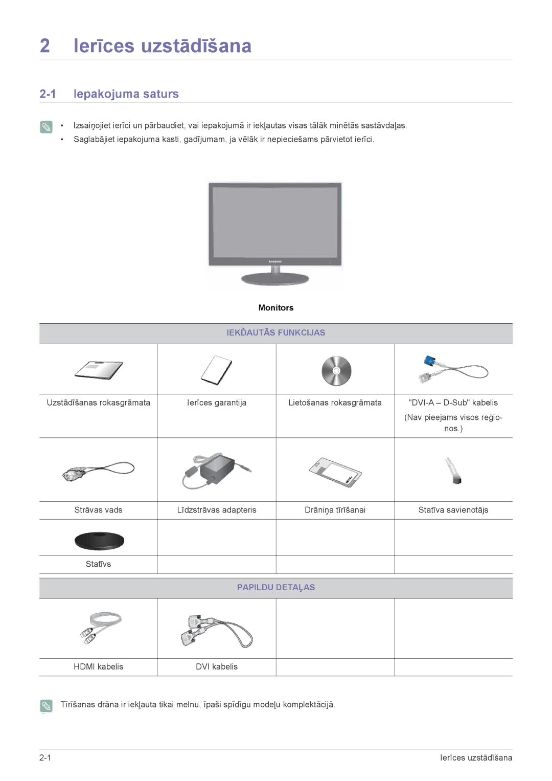 Samsung LS22EFVKUV/EN manual Ierīces uzstādīšana, Iepakojuma saturs, Iekďautās Funkcijas, Papildu Detaļas 